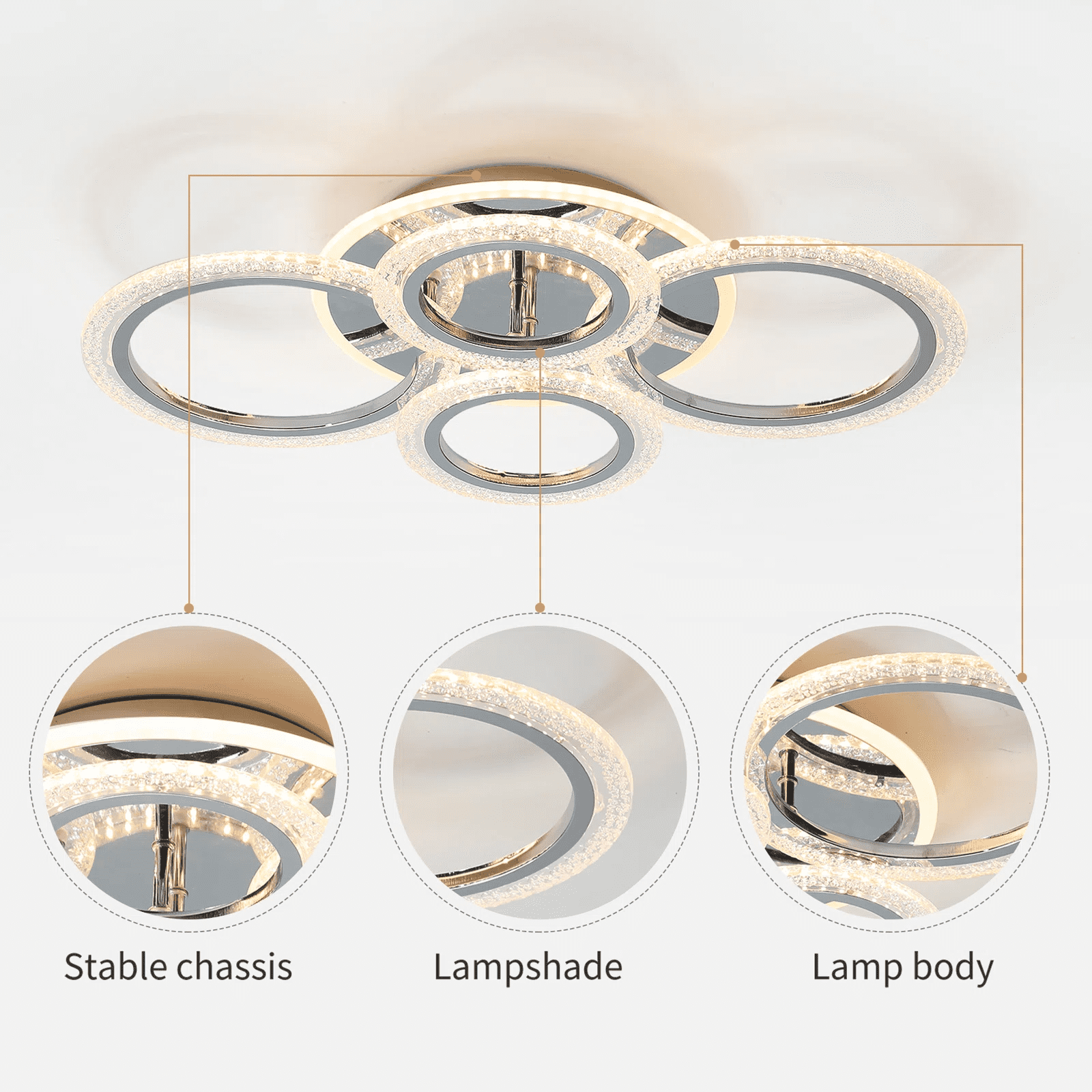 Garwarm Modern Ceiling Light 58W Dimmable Flush Mount LED Ceiling Lamp 4 Rings Acrylic Ceiling Chandelier for Living Room Dining Room Bedroom,Chrome - Image 2