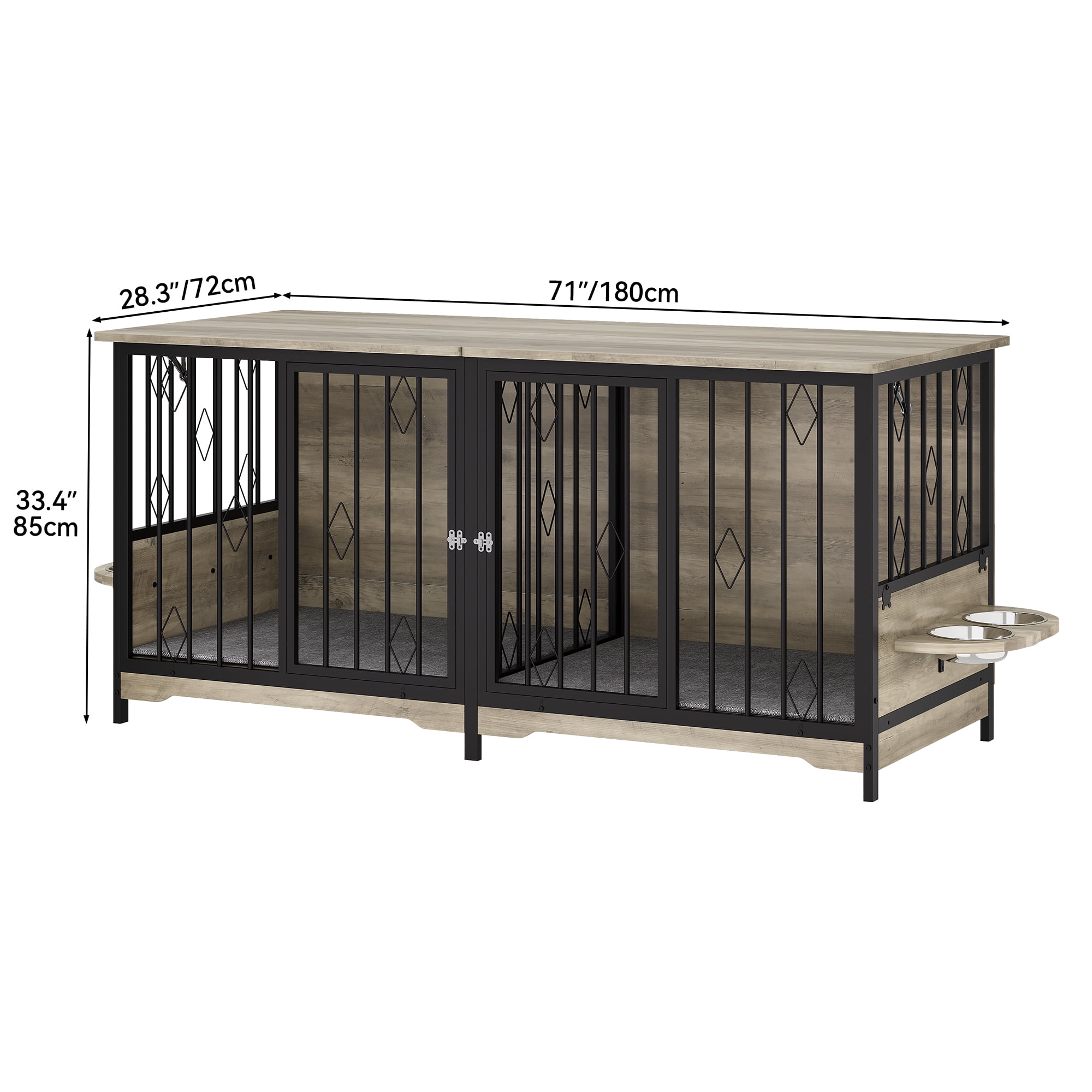 Uforic 71" Large Dog Crate Furniture, Heavy Duty Wooden Double Dog Kennel with with Removable Divider,Dog Cage with 4 Rotatable Bowls&2 Cushions, for Medium Large Dogs,Gray - Image 2