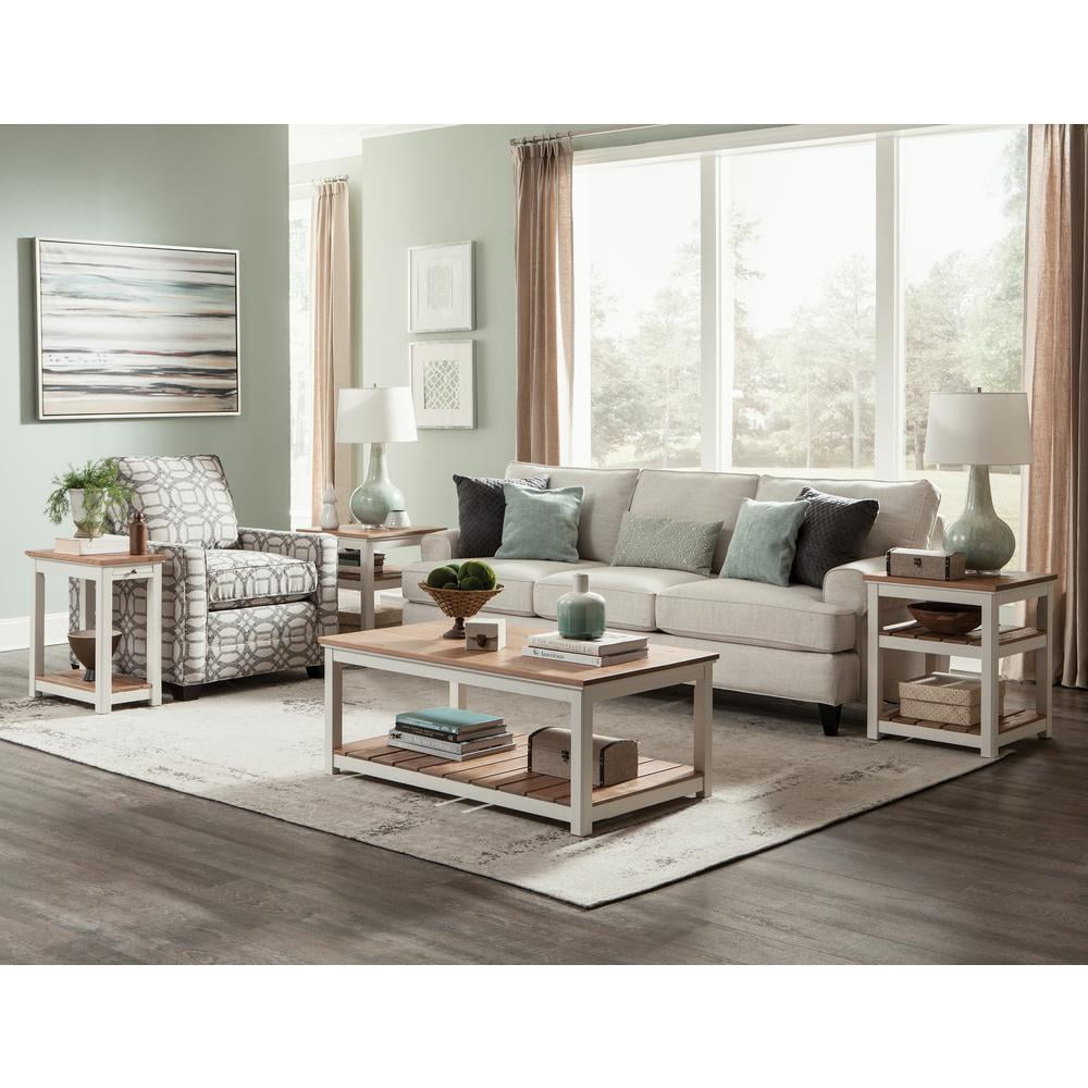 Alaterre Furniture Savannah Chairside End Table with Pull-out Shelf, Ivory with Natural Wood Top - Image 4