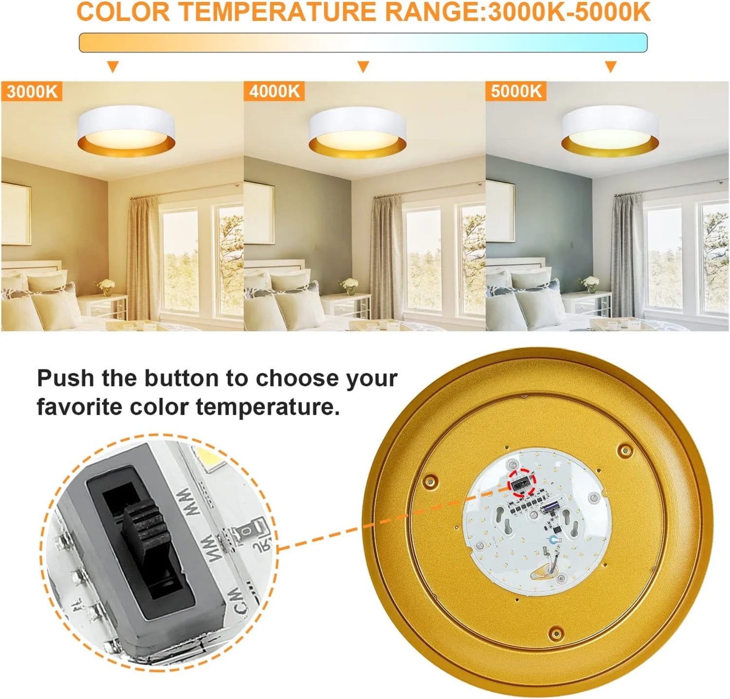 Depuley 15" 1 Light LED Flush Mount Ceiling Light Modern Dimmable Close to Ceiling Light for Living Room Bedroom Kitchen Dining, Matte White with Gold Inside, Bulb Included - Image 3