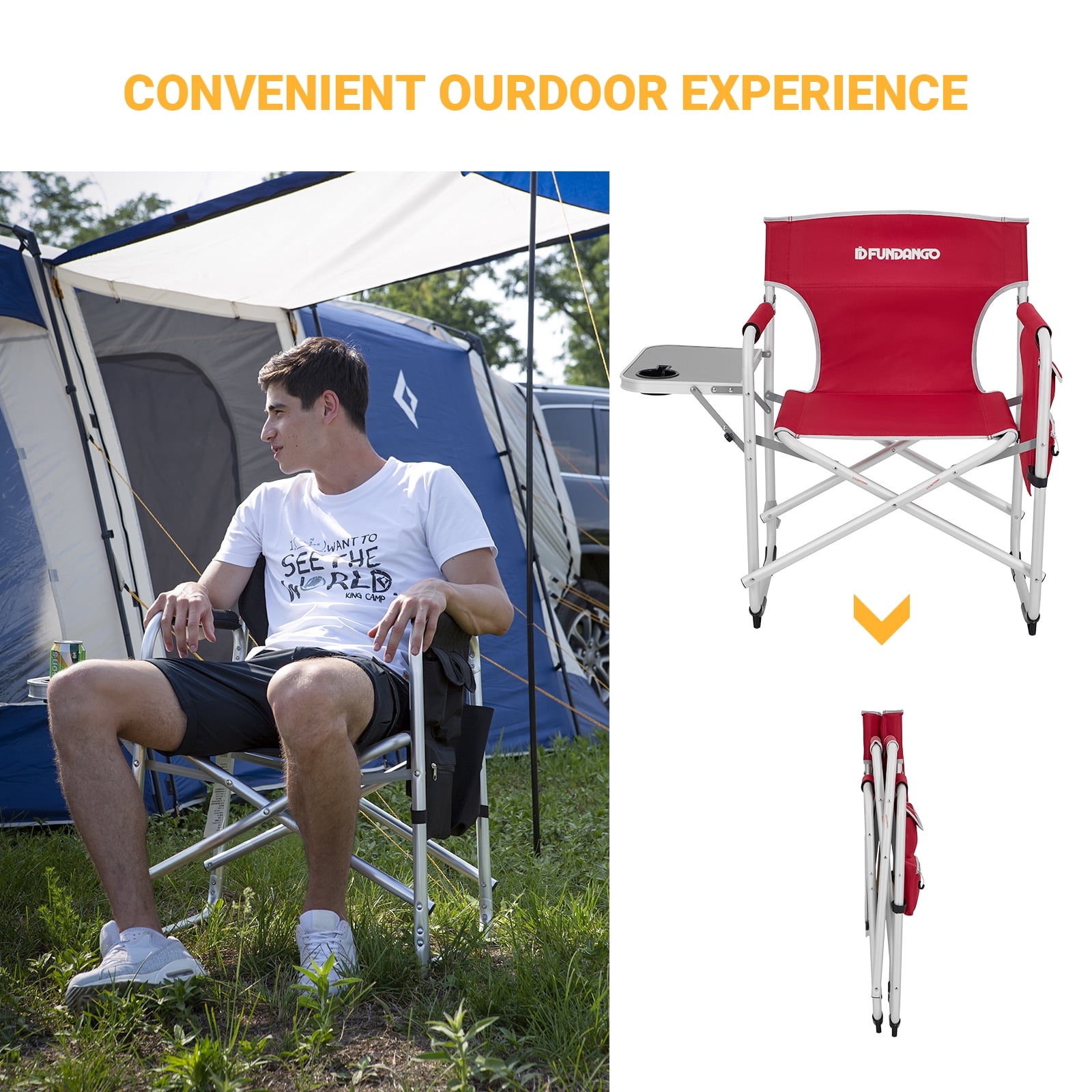 FUNDANGO Heavy Duty Folding Camping Director Chair for Adults, Supports to 264lbs,Red - Image 2