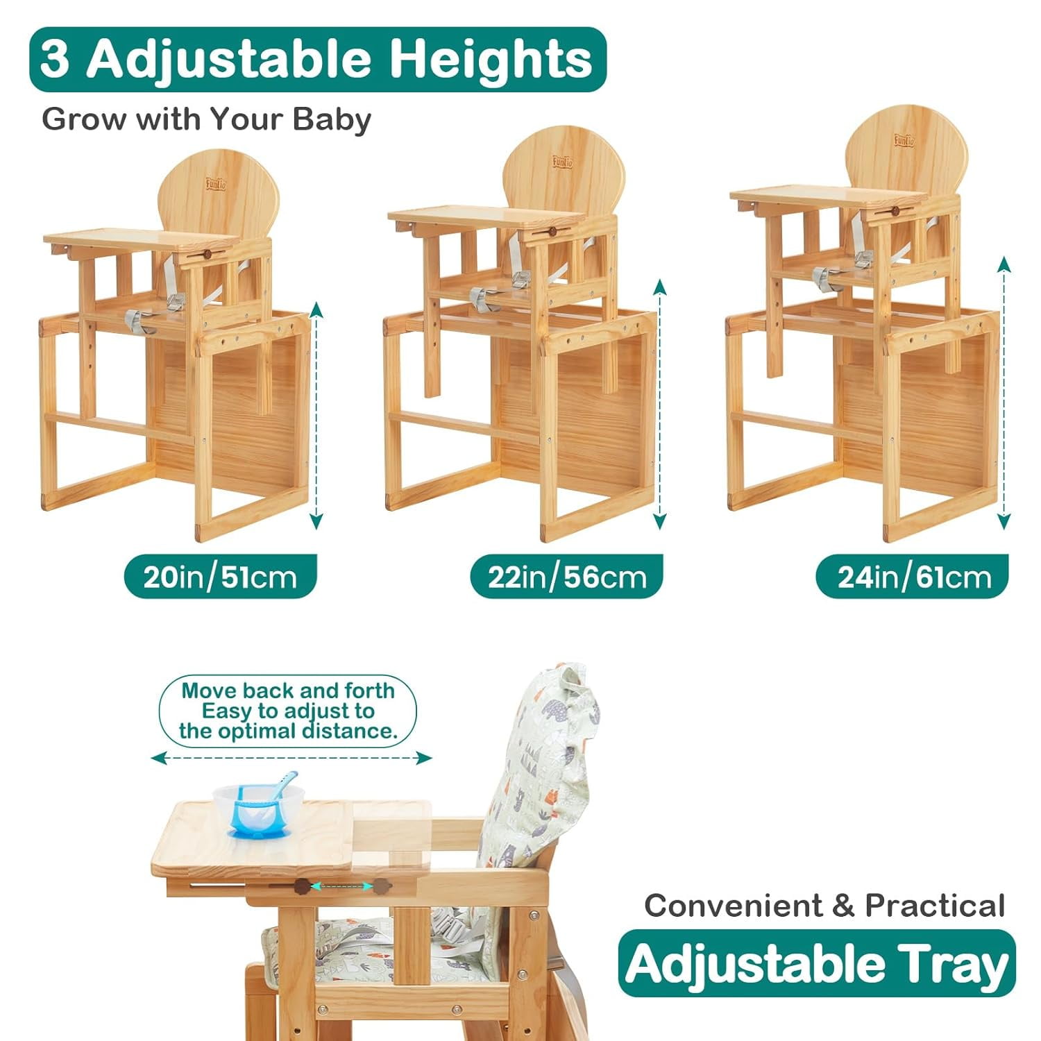 FUNLIO Wooden High Chair, 2-in-1 Convertible HighChair for Toddlers 0.5-6 Years, Height Adjustable for Babies,Premium Solid Wood with Detachable Tray/Cushion/Safety Belt, CPC Approved - Image 2
