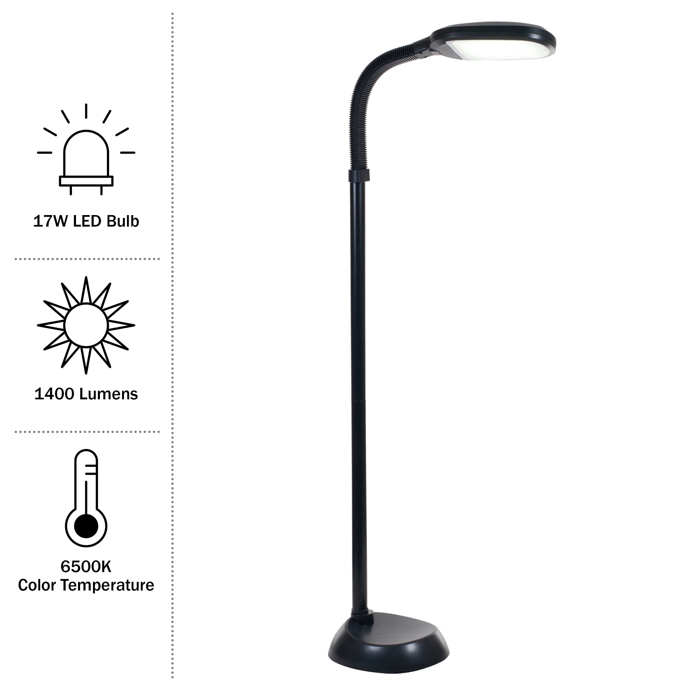 Lavish Home Adjustable LED Floor Lamp with Bendable Neck - Natural Sunlight LED Lamp for Bedroom and Living Room (Black) - Image 2