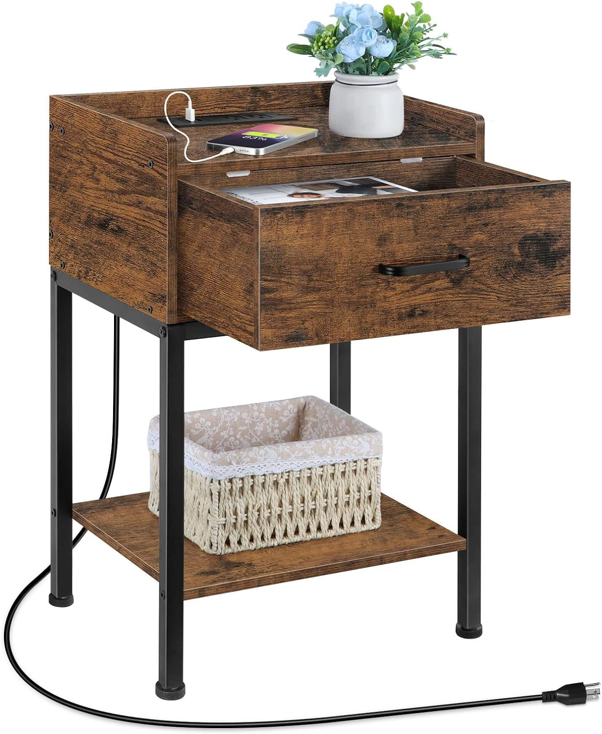 Oumilen Nightstand with Charging Station and Drawer, Brown - Image 5