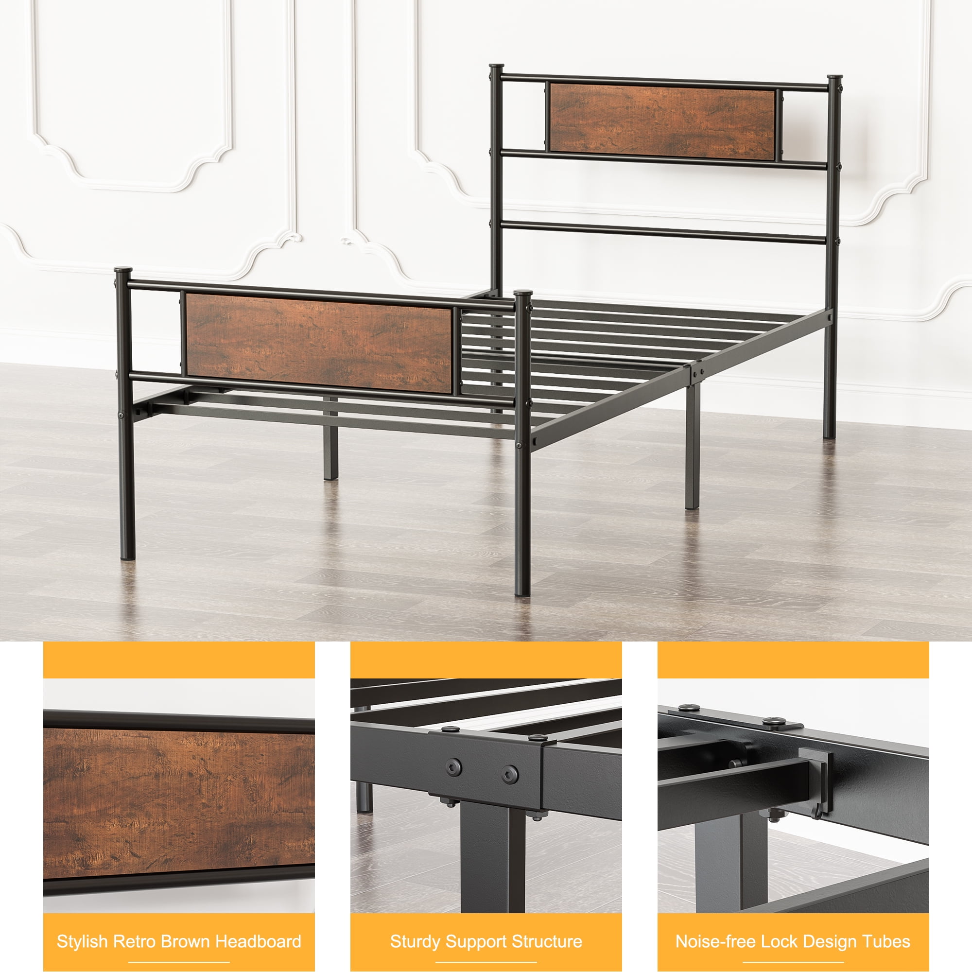 Yoneston Metal Twin Bed Frame with Wood Headboard, Retro Single Platform Bed for Kids, Easy Assembly - Image 4