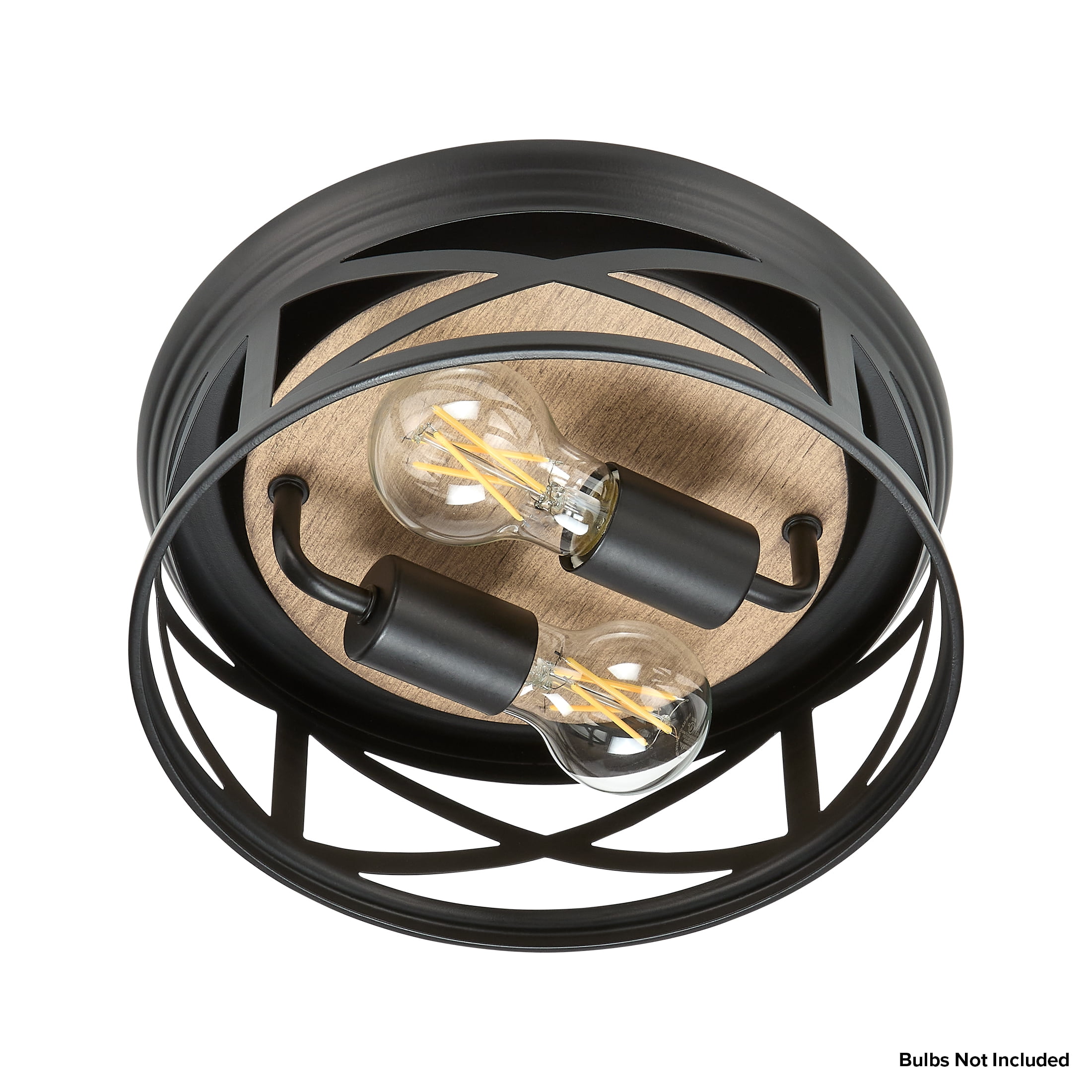 Maxxima 11 in. 2-Light Indoor / Outdoor Flush Mount Ceiling Light, Round Black w/ Wood Grain Farmhouse Fixture, Bulbs Not Included - Image 10