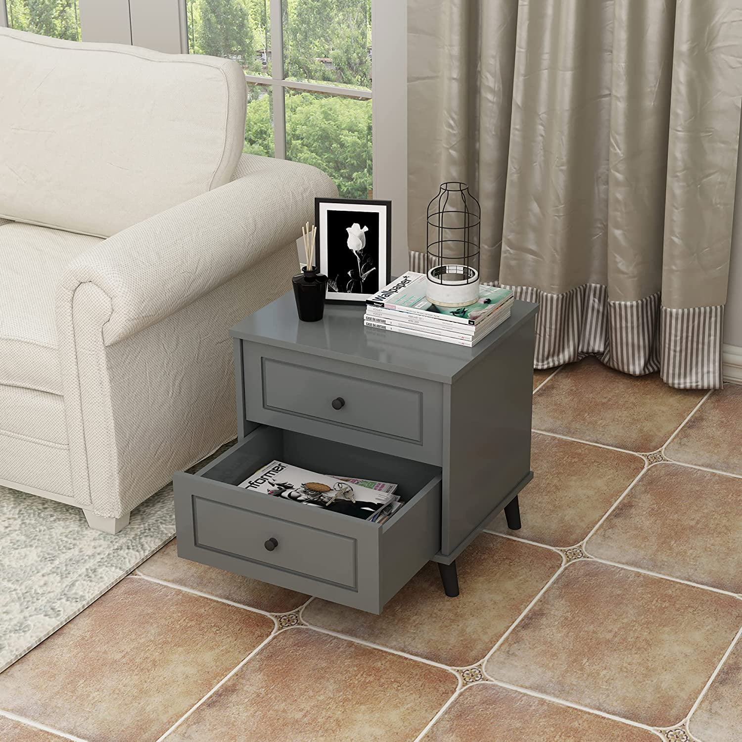 HOMEFORT Modern Wood Nightstand, Beside Table, Night Stands for Bedroom, Sofa End Table, Side Table, 2-Drawer Dresser Chest for Living Room, Gray - Image 4