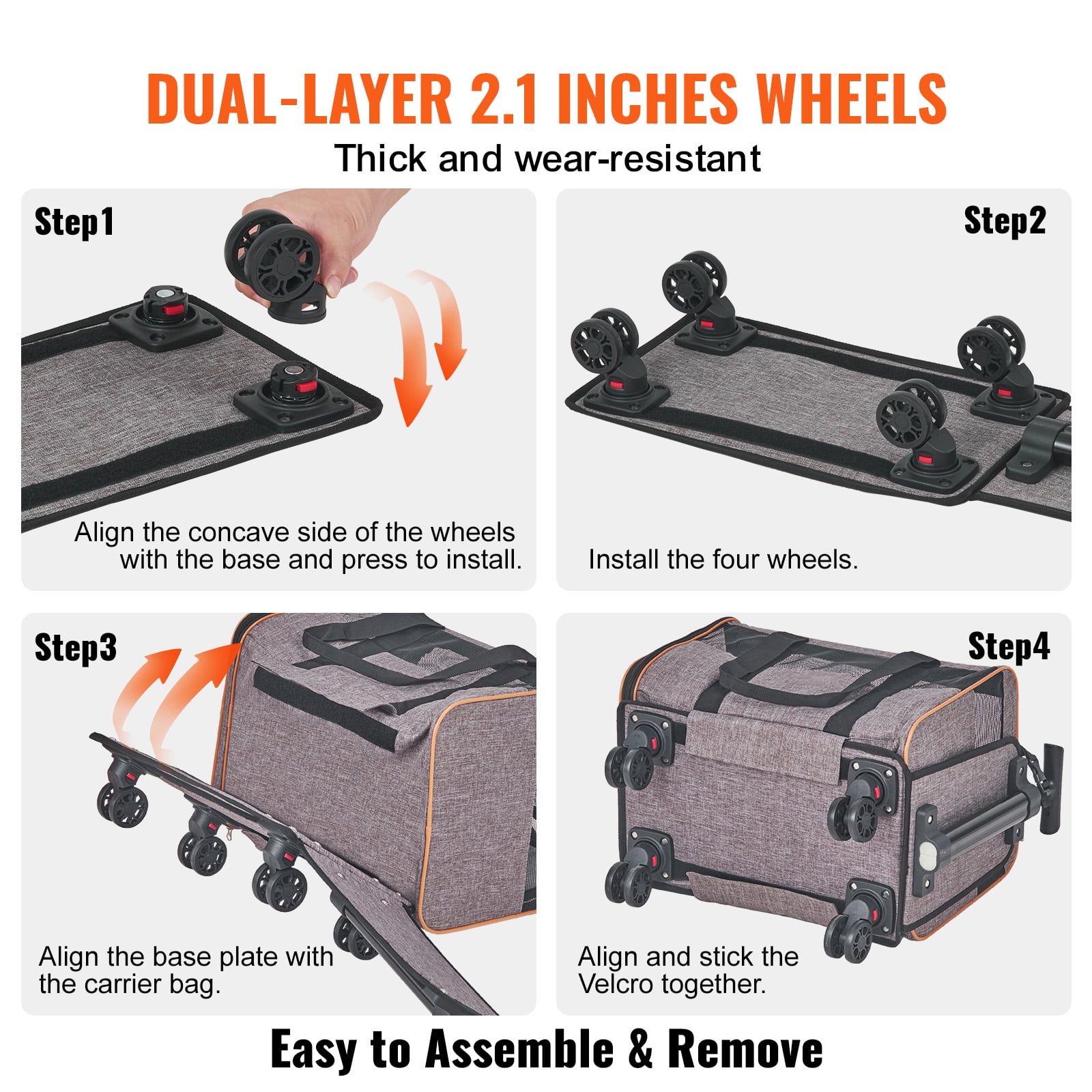 VEVOR Cat Carrier with Wheels Airline Approved Rolling Pet Carrier 22 lbs Grey for Cat Dog Small Medium Animals Kitten Puppy - Image 2