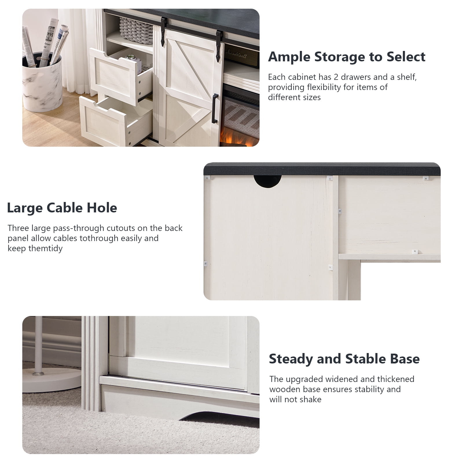 T4TREAM Farmhouse TV Stand for TVs up to 80", Entertainment Center with 30" Electric Fireplace and Sliding Barn Door&4 Drawers Storage Inside, Off White - Image 10