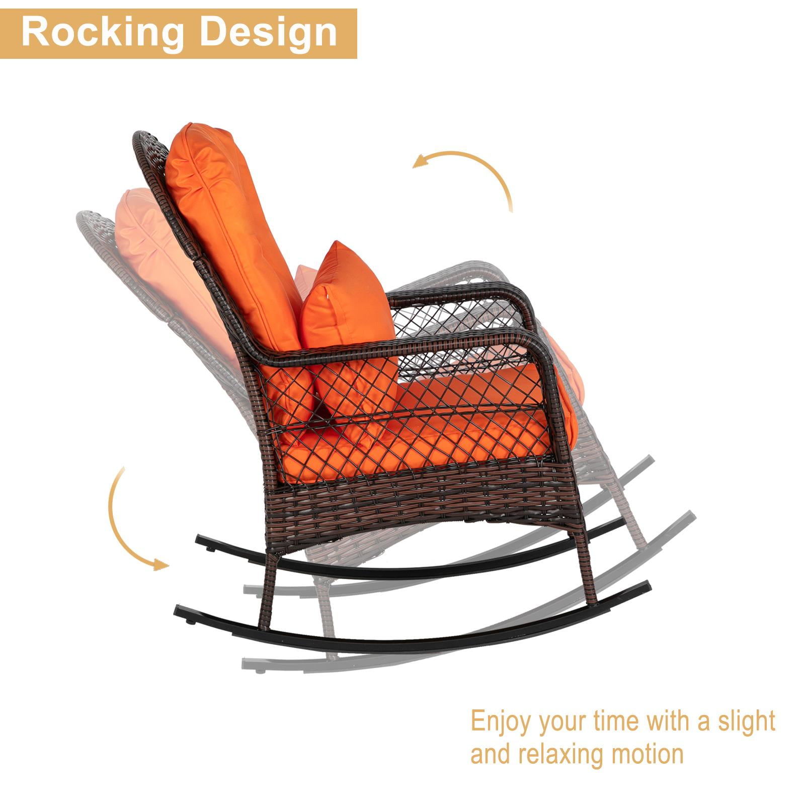 Zimtown Outdoor Wicker Rocking Chair Rattan Outdoor Patio Yard Furniture, Outdoor Rocking Chair w/ Thick Cushion, Wicker Rocker, Orange - Image 7