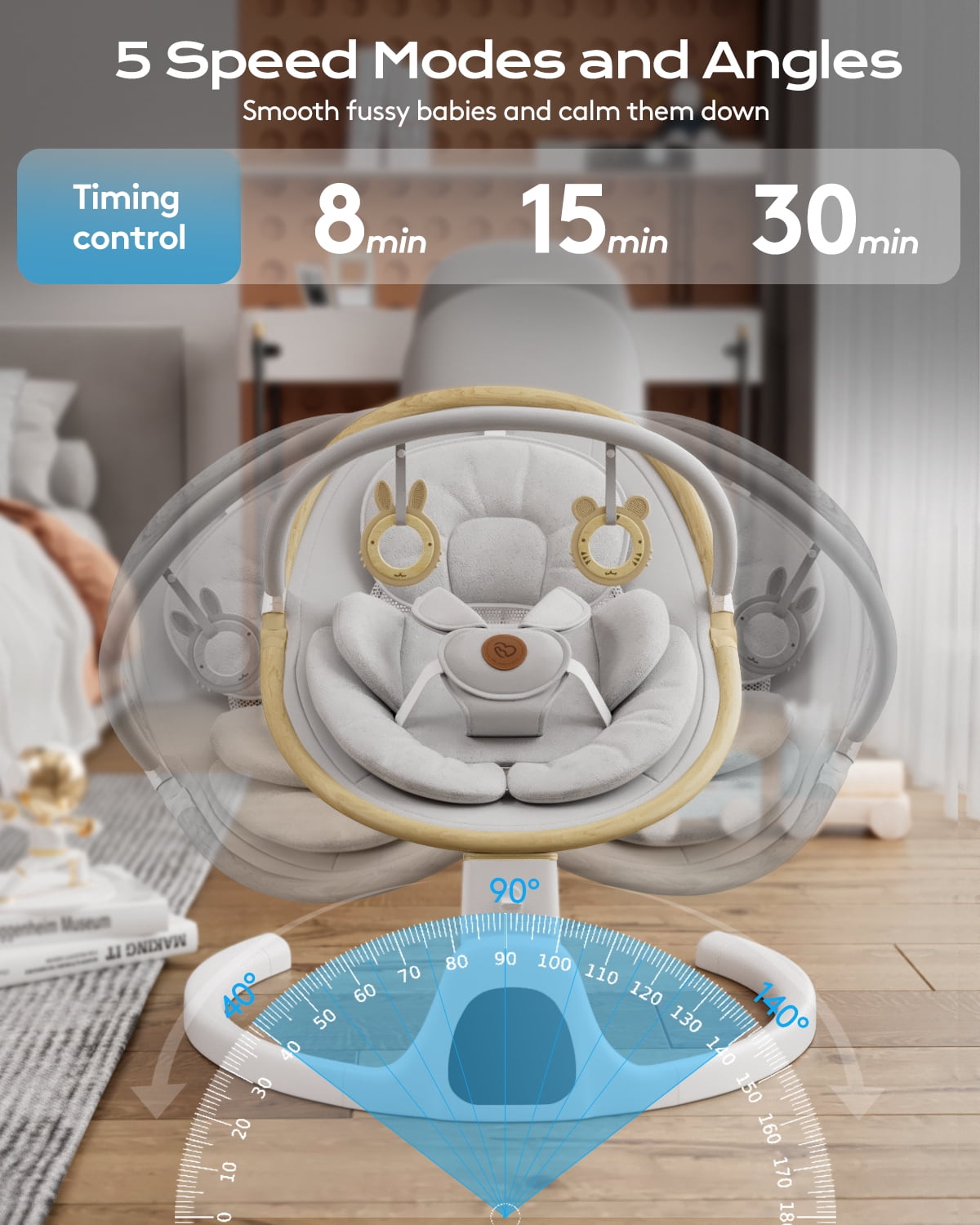 Baby Swing for Infants to Toddler Portable Babies Swing Timing Function 5 Swing Speeds Bluetooth Touch Screen Music Speaker with 10 Preset Lullabies 5-Point Carabiner White - Image 2