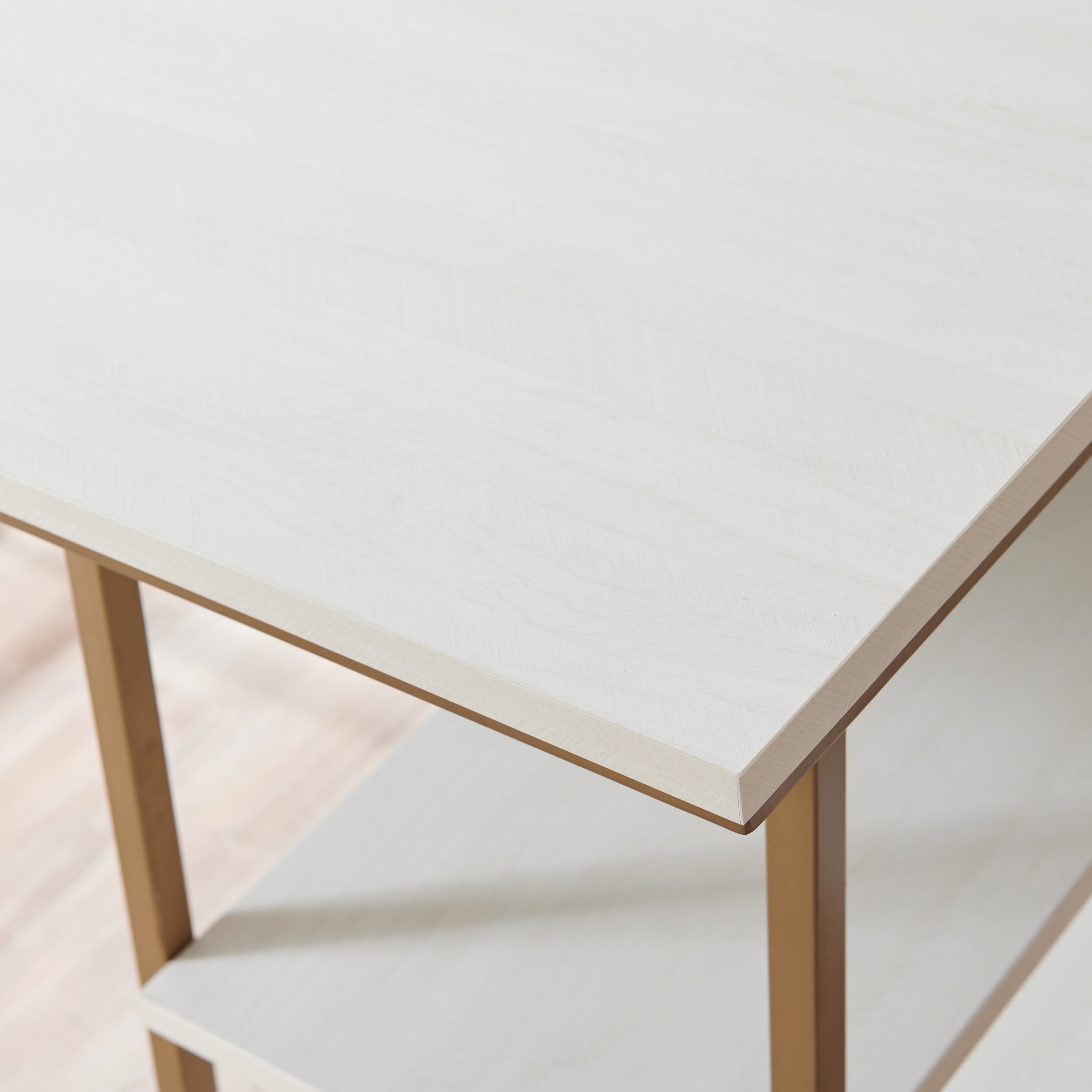 Leick Home Reversible Stepped Tier Shelf Rectangular Desk in White Herringbone/Satin Gold Finish - Image 8