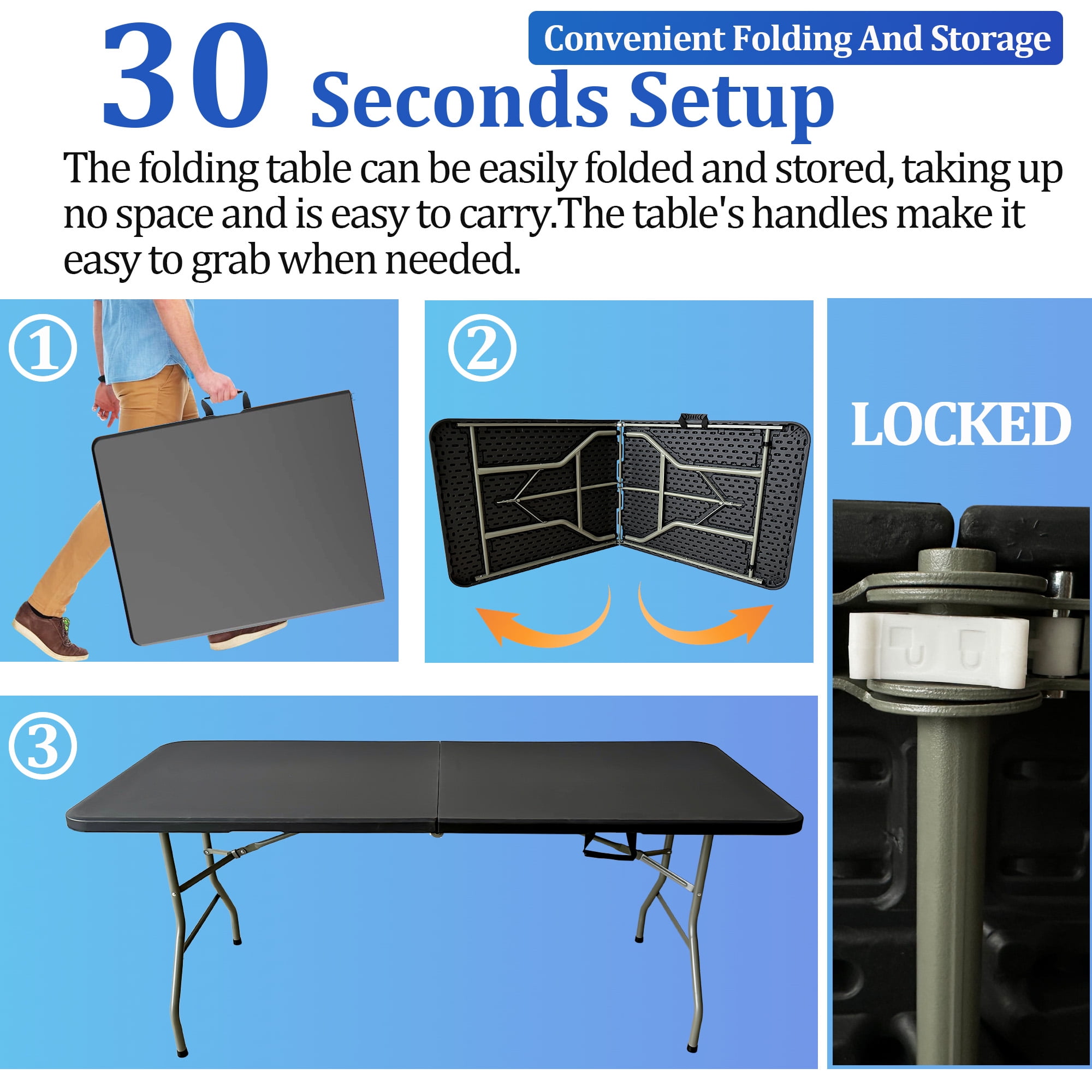 6FT Folding Table, Portable Plastic Design with Powder-Coated Steel Legs – Ideal for Picnics, Parties, Office and Camping – Convenient Carry Handle for Easy Transportation, Black - Image 3