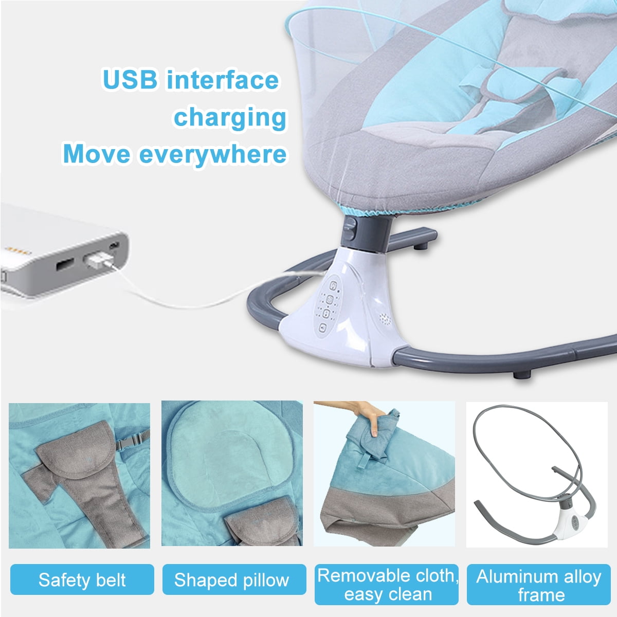 BEJOLO Electric Baby Swing for Infants, Portable Baby Bouncer with Remote Control,bluetooth Music, Blue - Image 2