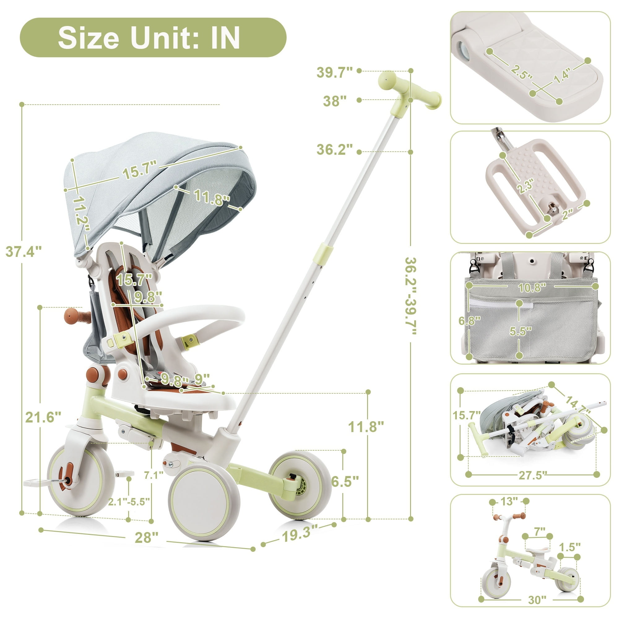 EUROCO 7 in 1 Baby Tricycle,Folding Kids Tricycle with Adjustable Push Handle, Removable Pedal, Canopy,Guardrail,Backrest and Safety Belt,Toddler Bike for Boys Girls 1-6 Years,Green - Image 3