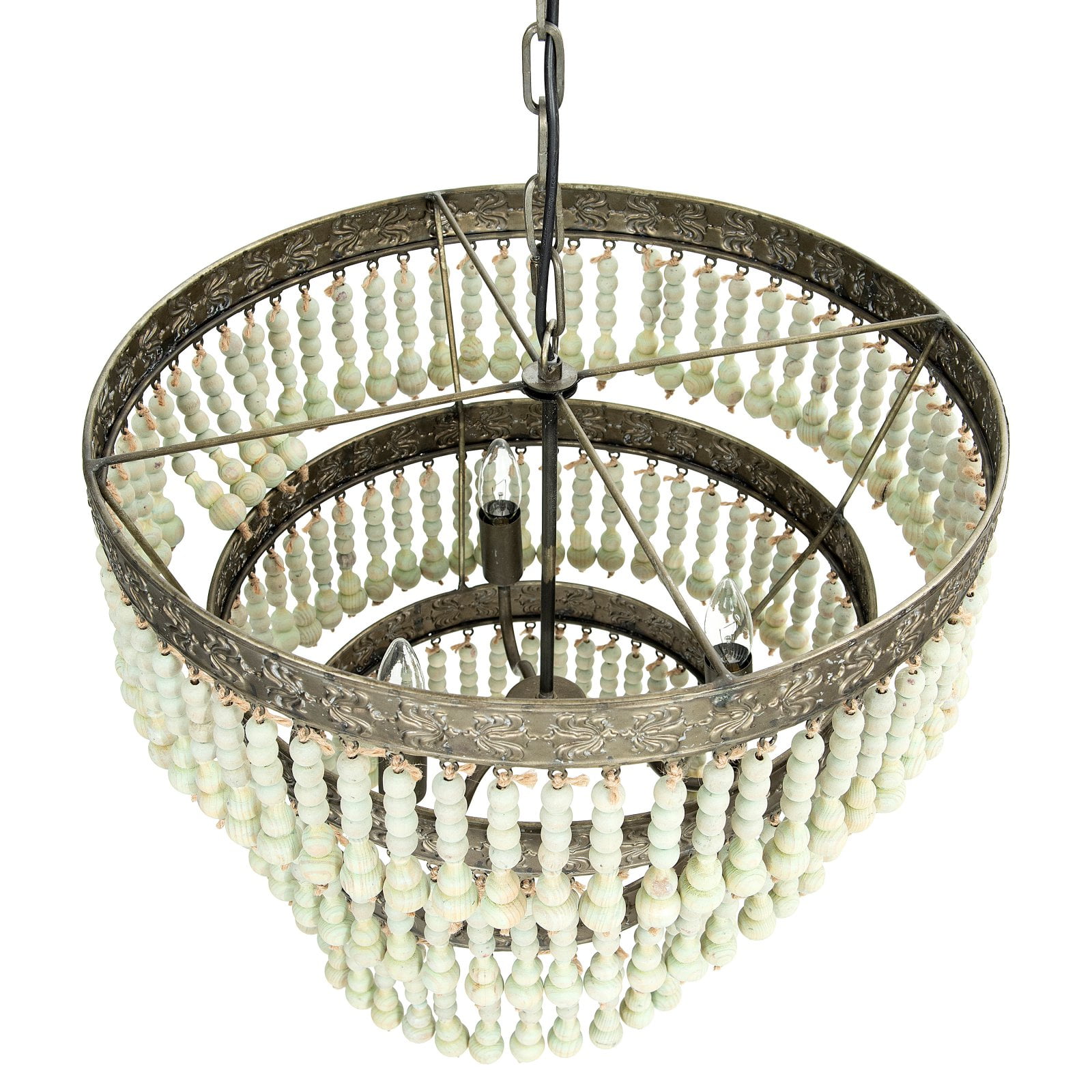 Creative Co-Op 3-Tier Round Metal Chandelier with 3 Lights & Hanging Wood Beads - Image 6