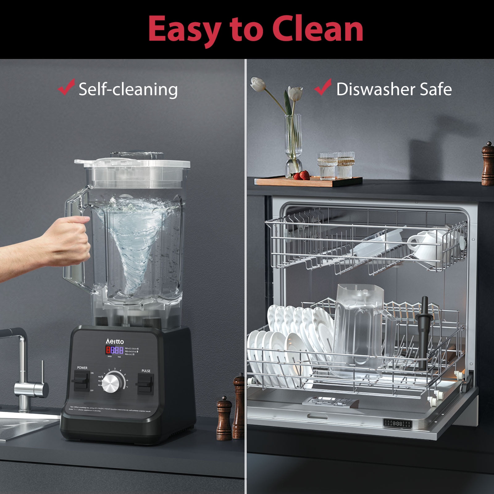 Aeitto Blender for Kitchen with 1500-Watt Motor, 68 Oz Large Capacity, Countertop Professional Blenders for Ice Crush, Frozen Drinks, Coal - Image 6