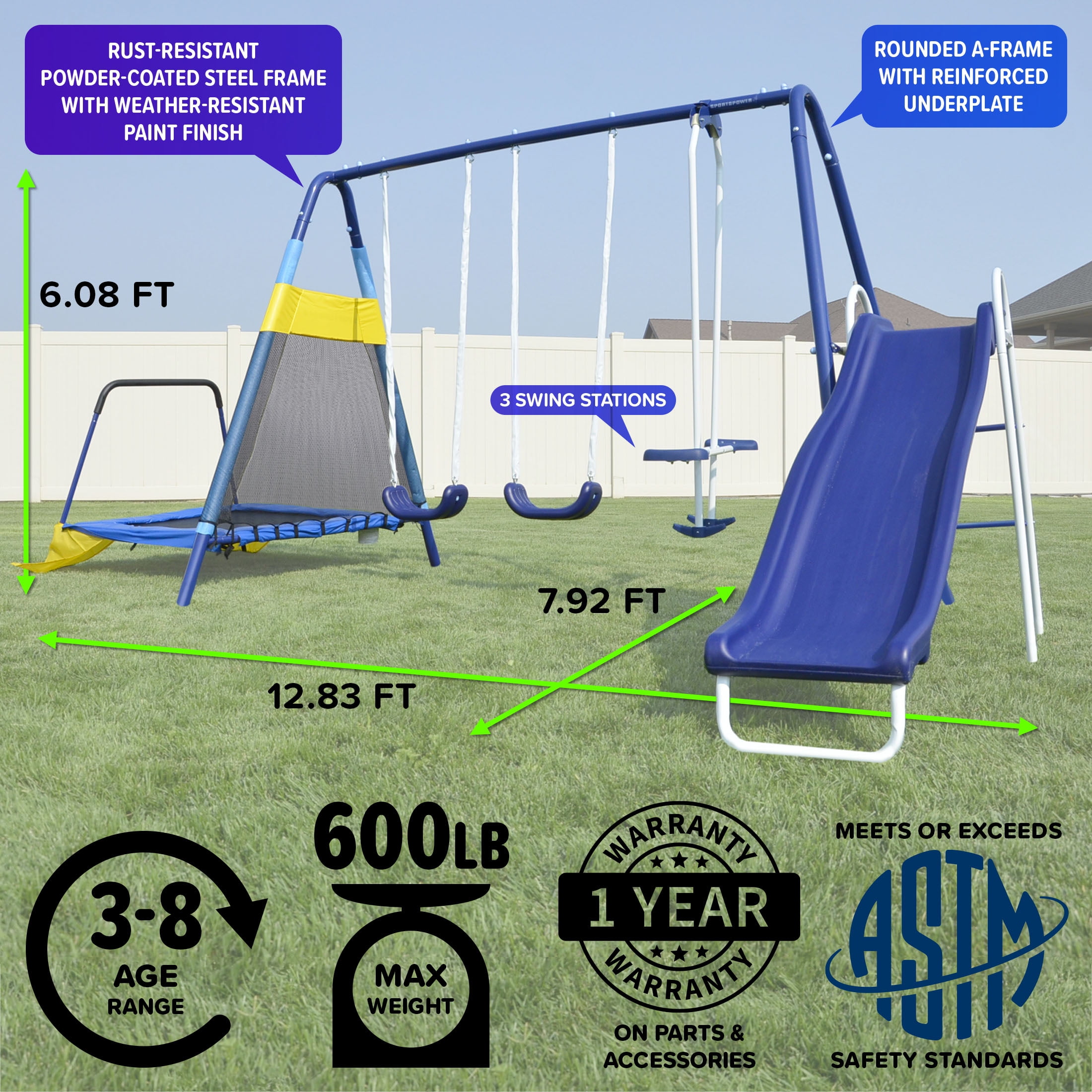 Sportspower Almansor Metal Swing Set with Glide Ride, Trampoline, and Lifetime Warranty on Blow Molded Slide, Great for Ages 3-8 - Image 7