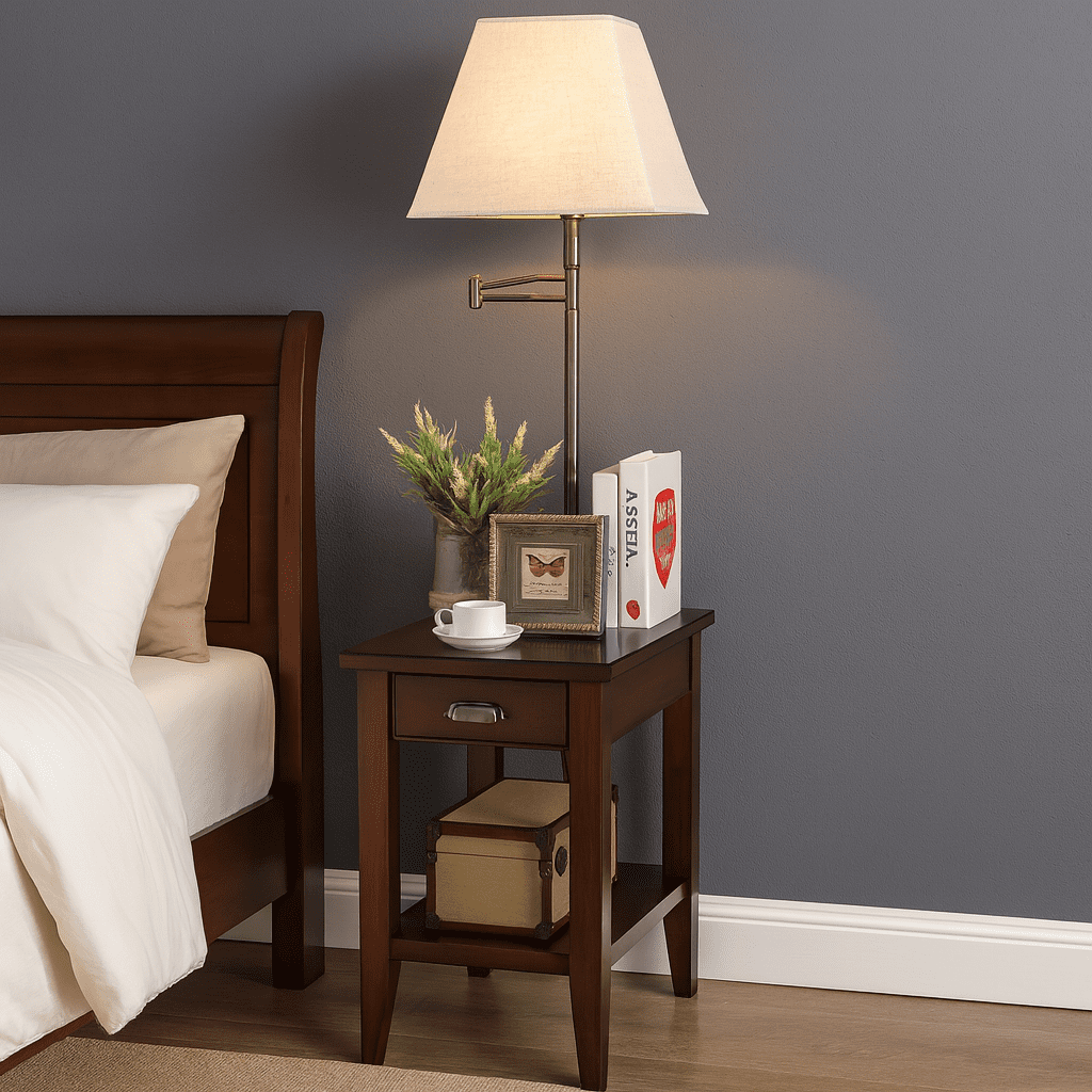 Leick Home Laurent Solid Wood Side Table with Swing Arm Lamp and Drawer, Chocolate Cherry - Image 9