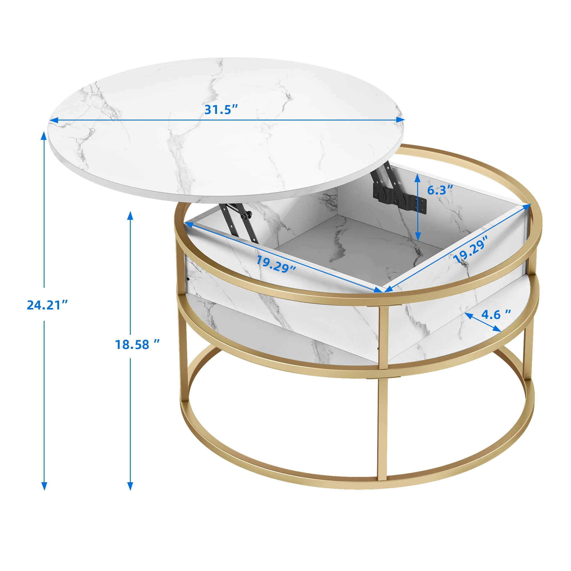 DEXTRUS Modern Lift-Top Round Coffee Table with Storage, Marble White, for Living Room & Office - Image 6