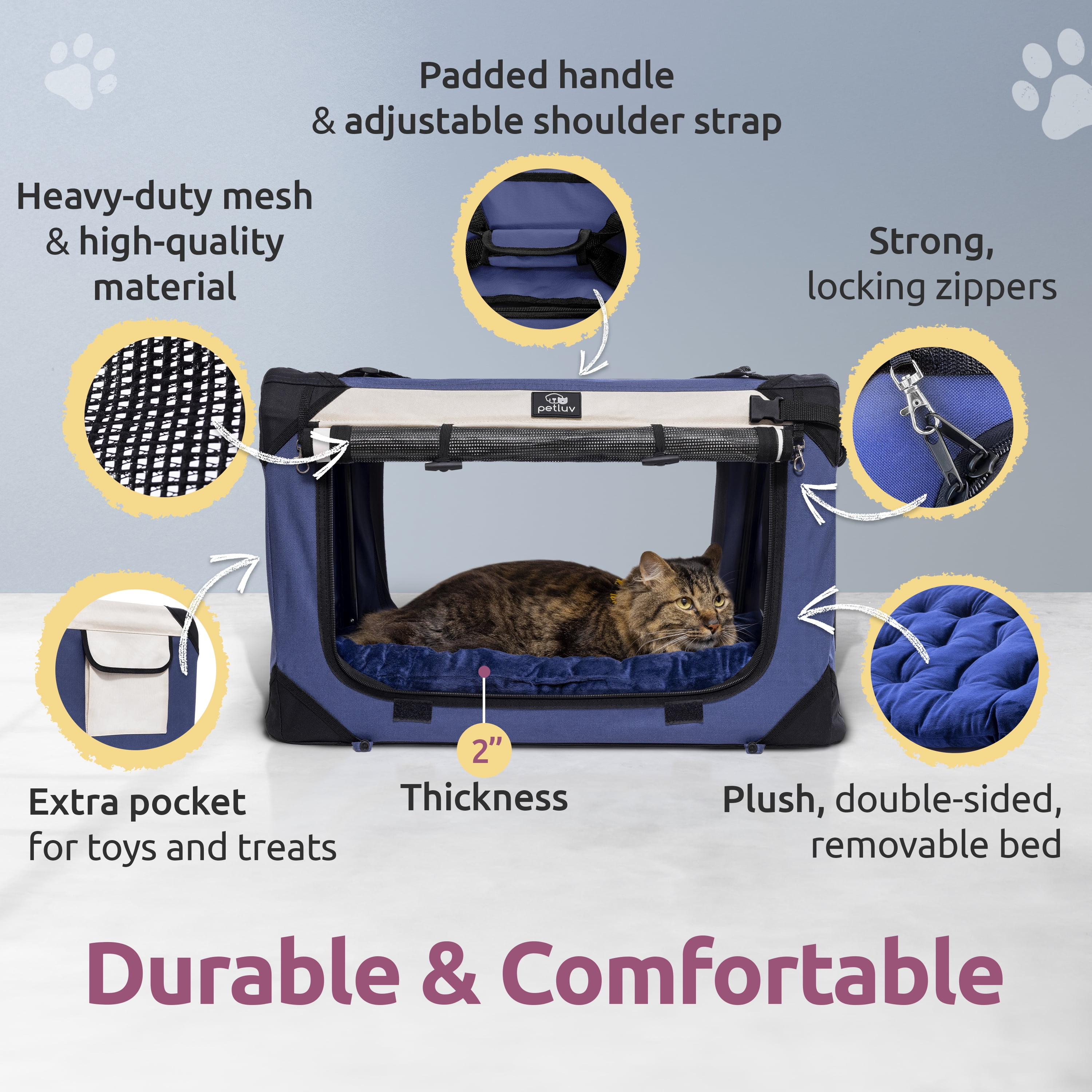 PetLuv Premium Cat and Dog Carrier, Soft-Sided, Plush Bed, Locking Zippers, Privacy Windows, Collapsible, Adjustable Carry Strap - Image 3