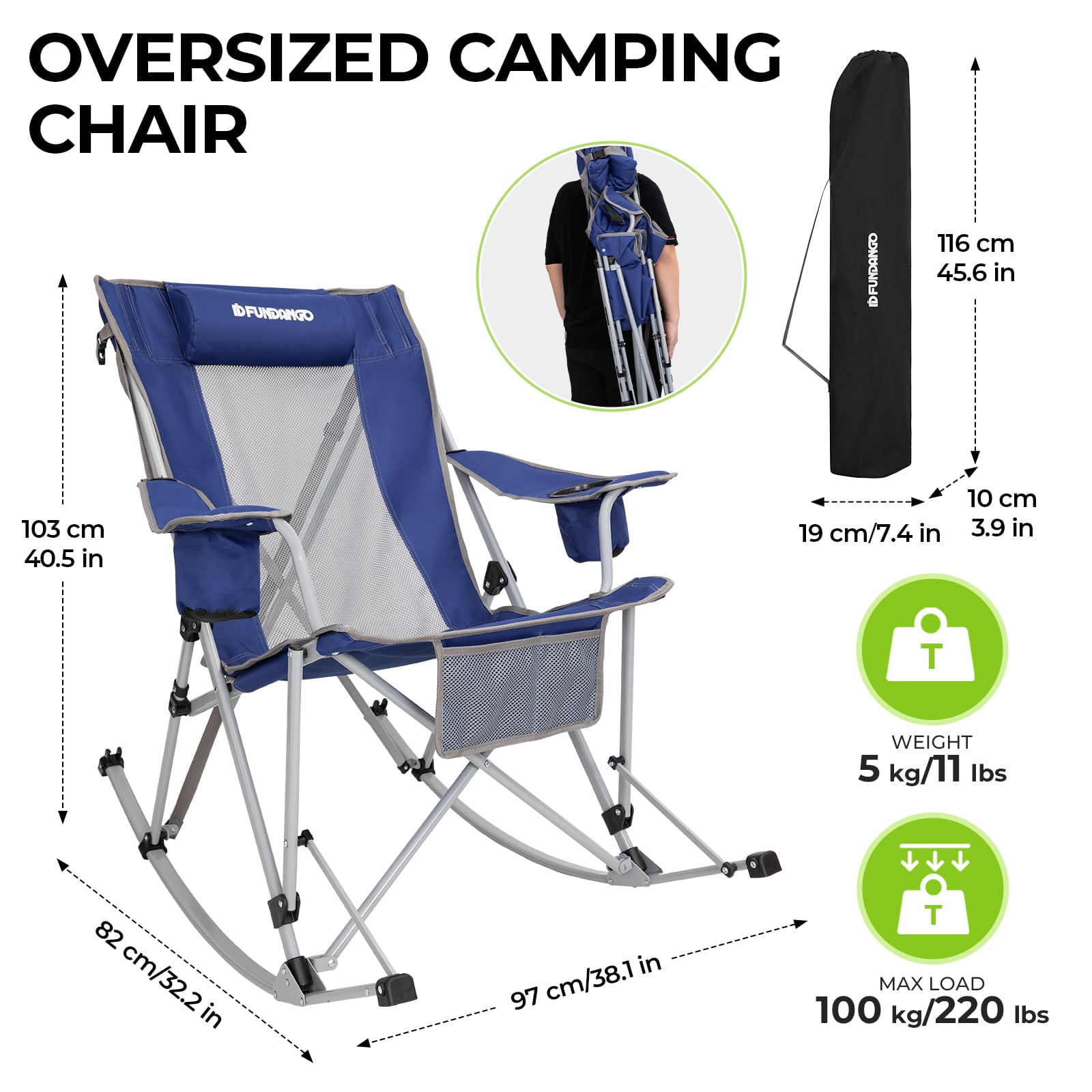 FUNDANGO 2-Pack Rocking Camping Chairs for Patio Swing Lounge, Folding Chair with Headrest, Perfect for Adults, Blue - Image 6