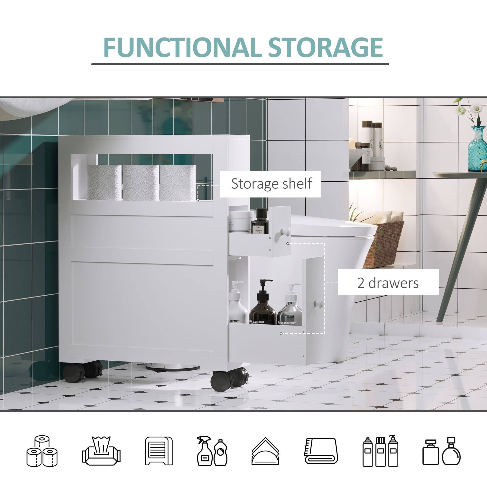 HOMCOM 6.25" x 20.5" x 28.25" Wood Rolling Narrow Bathroom Side Storage Cabinet - White - Image 6