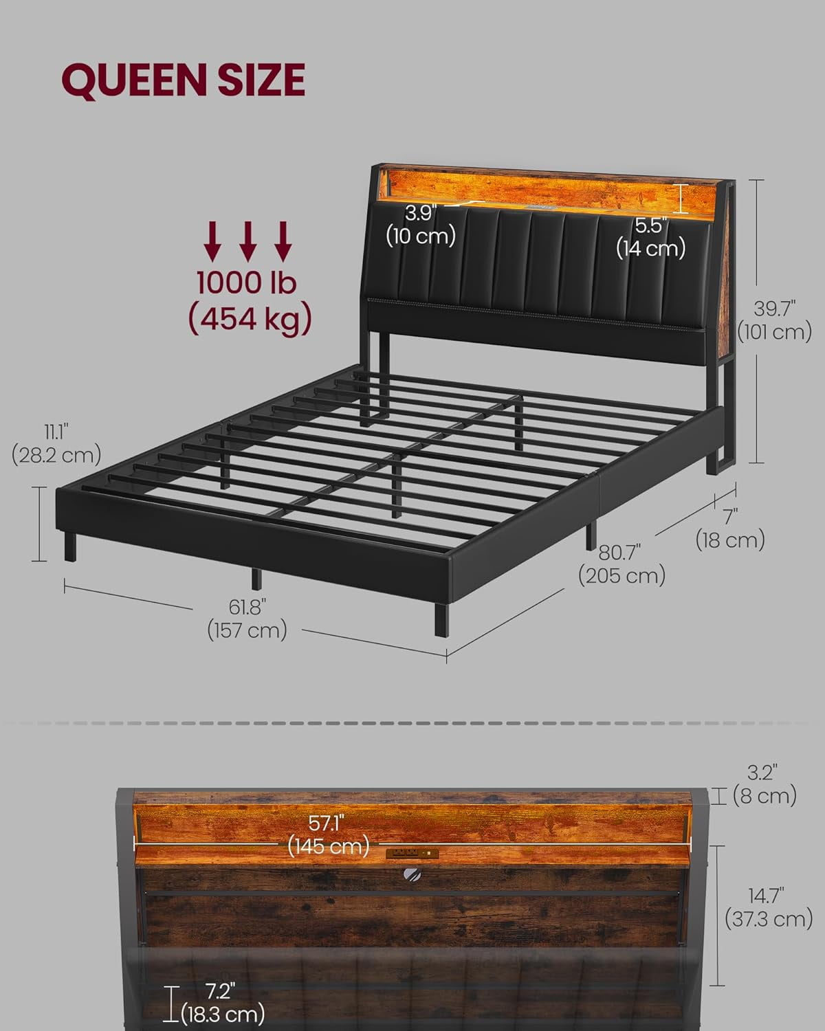 Queen Contemporary Steel PU Standard Bed with LED Lights, 1000lb Heavy Duty Platform Bed with Adjustable Lighting & No Box Spring Needed - Image 3