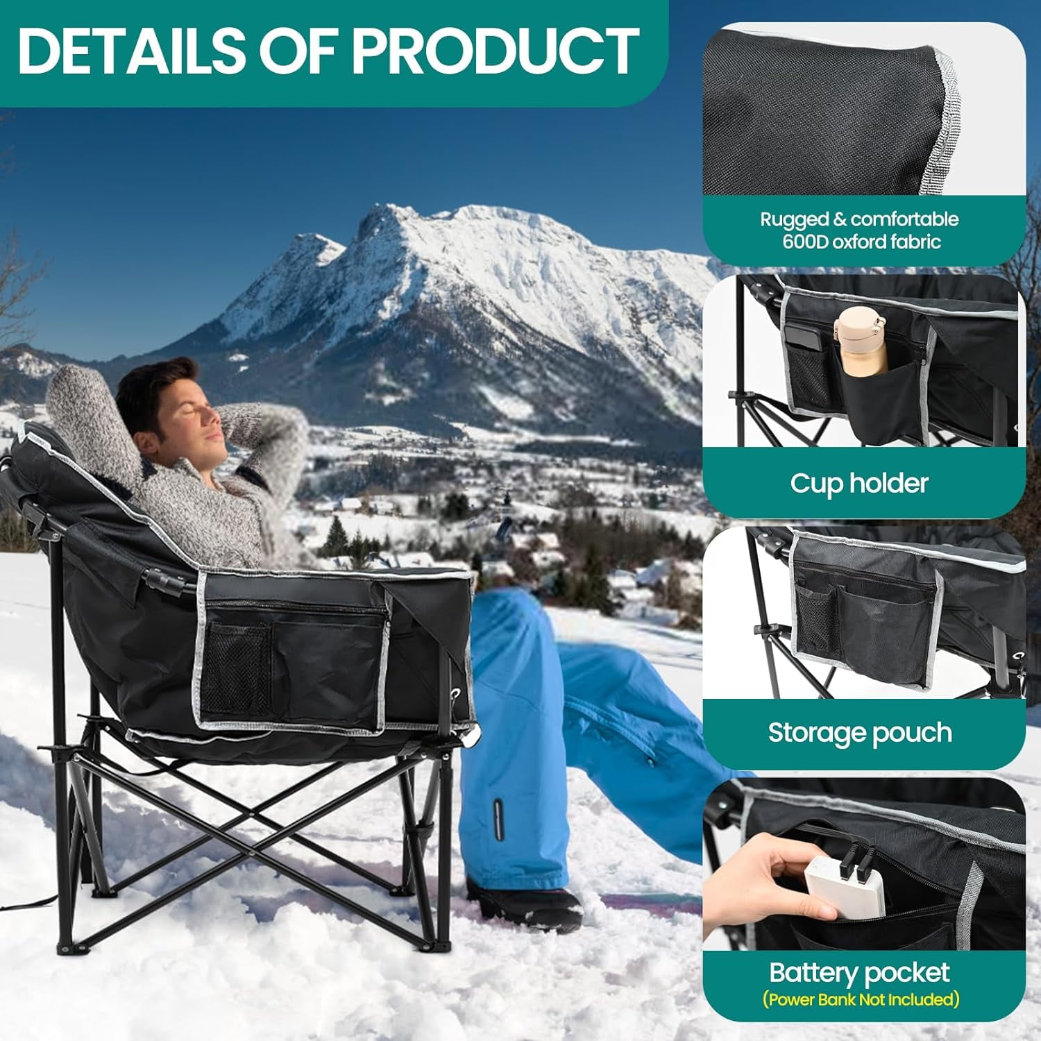 Slsy Heated Camping Chair Oversized, XL Heated Chair Outdoor Sports, 3 Heating Levels Adjustable Camping Chairs for Adults with Storage Bag, Folding Outdoor Chair - Image 3