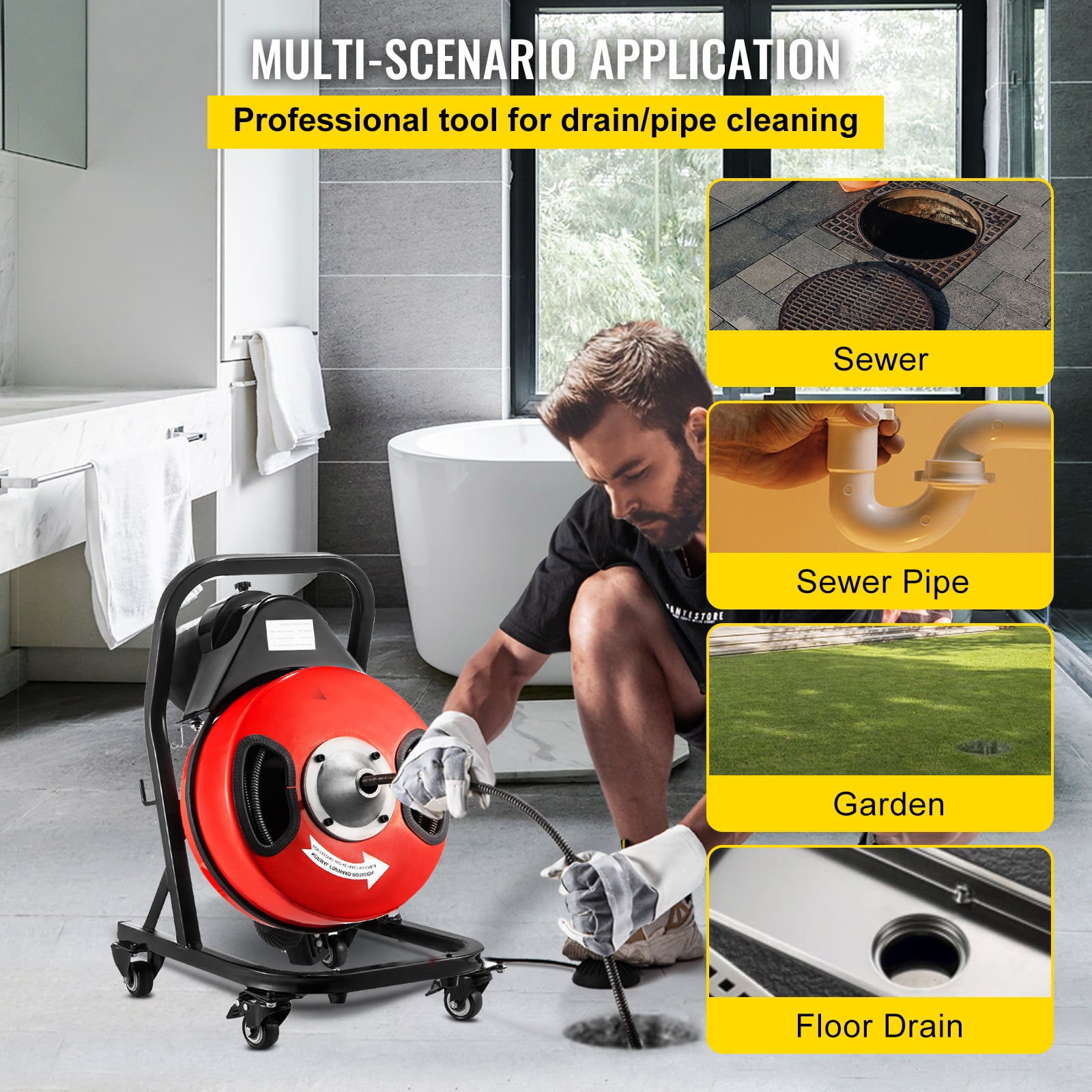 VEVOR Drain Cleaner Machine 50ft x1/2 in, 250W Electric Drain Cleaning Machine ,Drain Auger Cable w/Wheels - Image 7