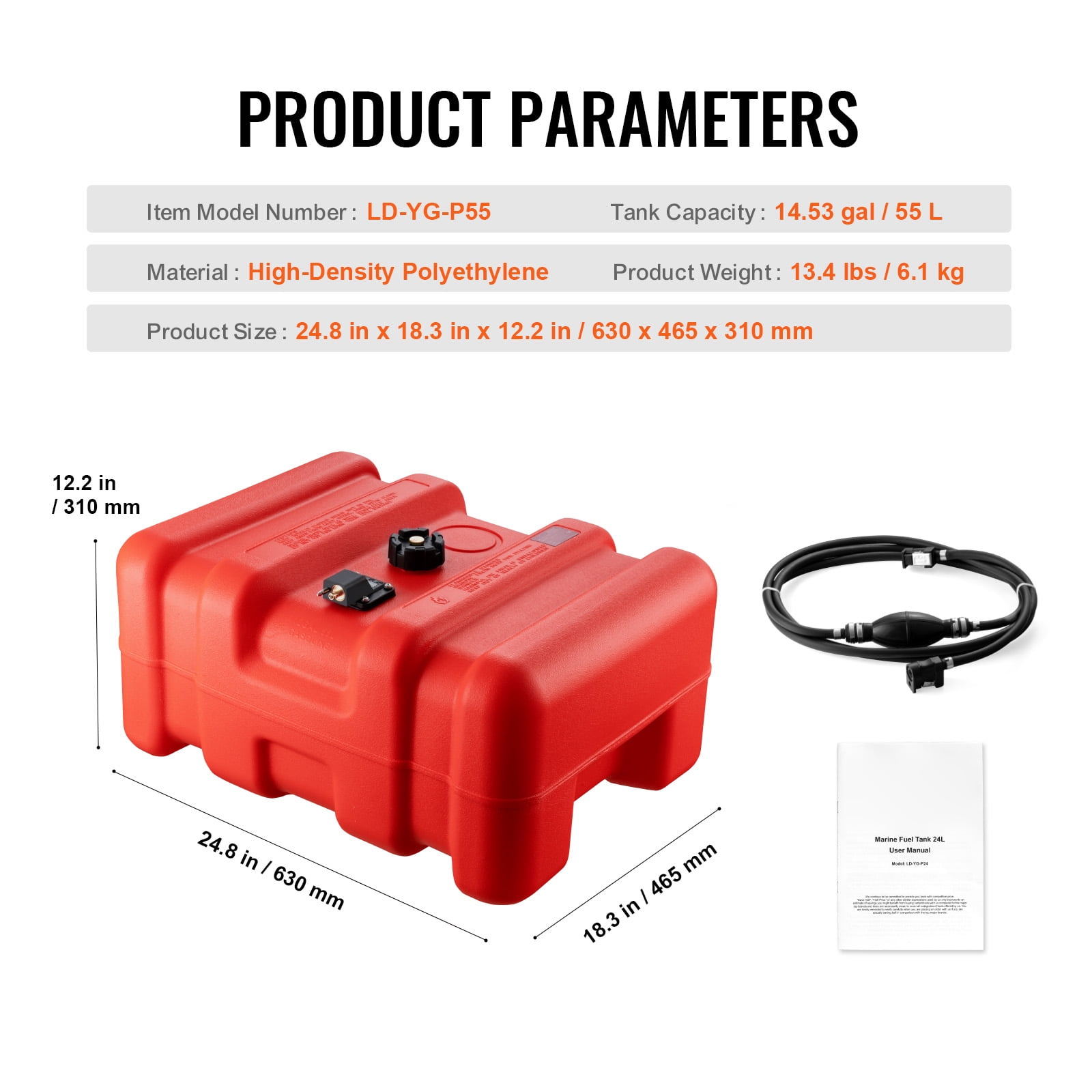 KFFKFF Marine Fuel Tank, 12 Gallon/55L, Portable Boat Fuel Gas Tank for Outboard Engine Boats, Plastic Outboard Marine Boat Fuel Tank with Hose, Easy to Carry for Yacht, Fishing Boat, Deck Boat - Image 6