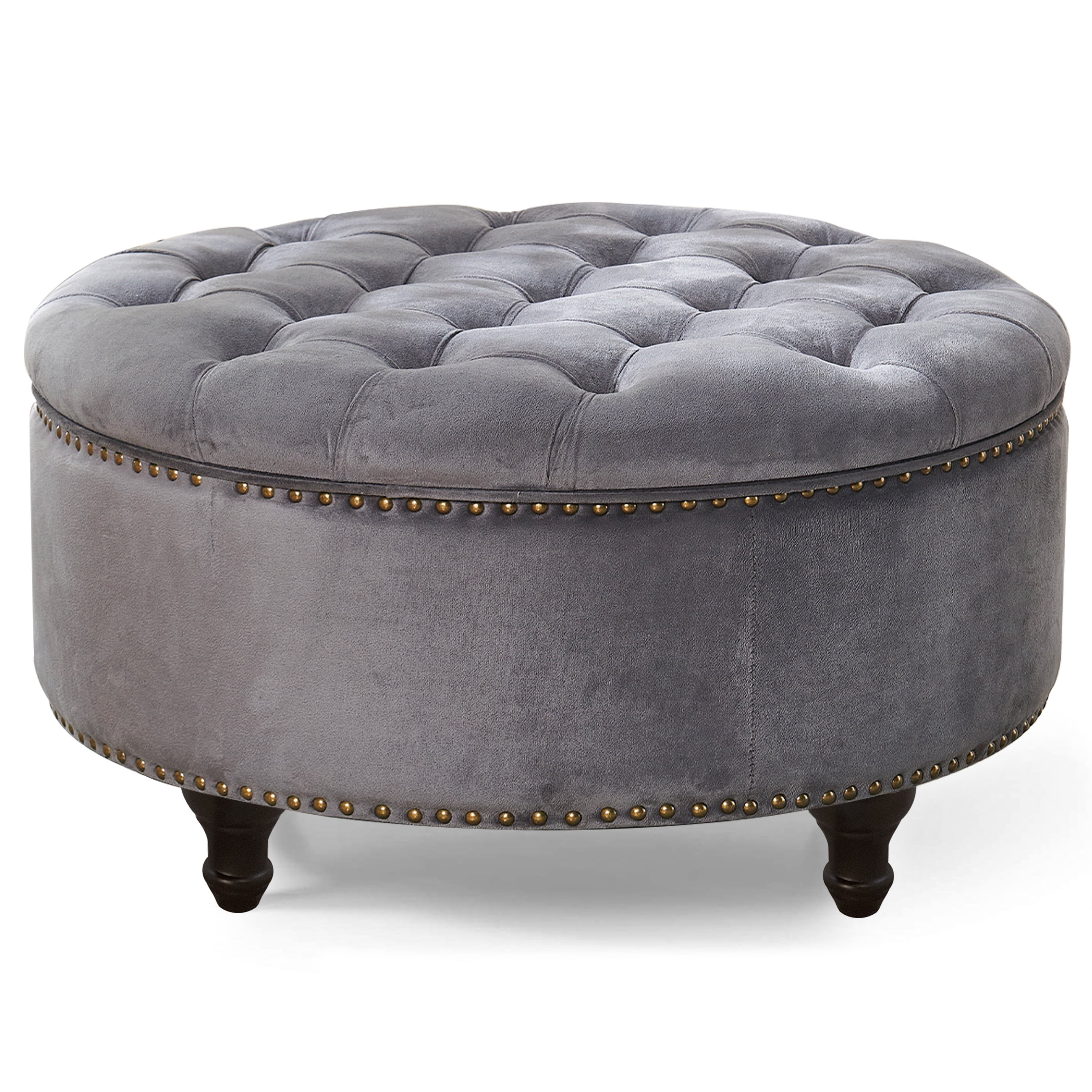 Upholstered 30" Round Storage Button Ottoman, Nail Head Tufted Seating, with Removable Lid Dark Grey - Image 3