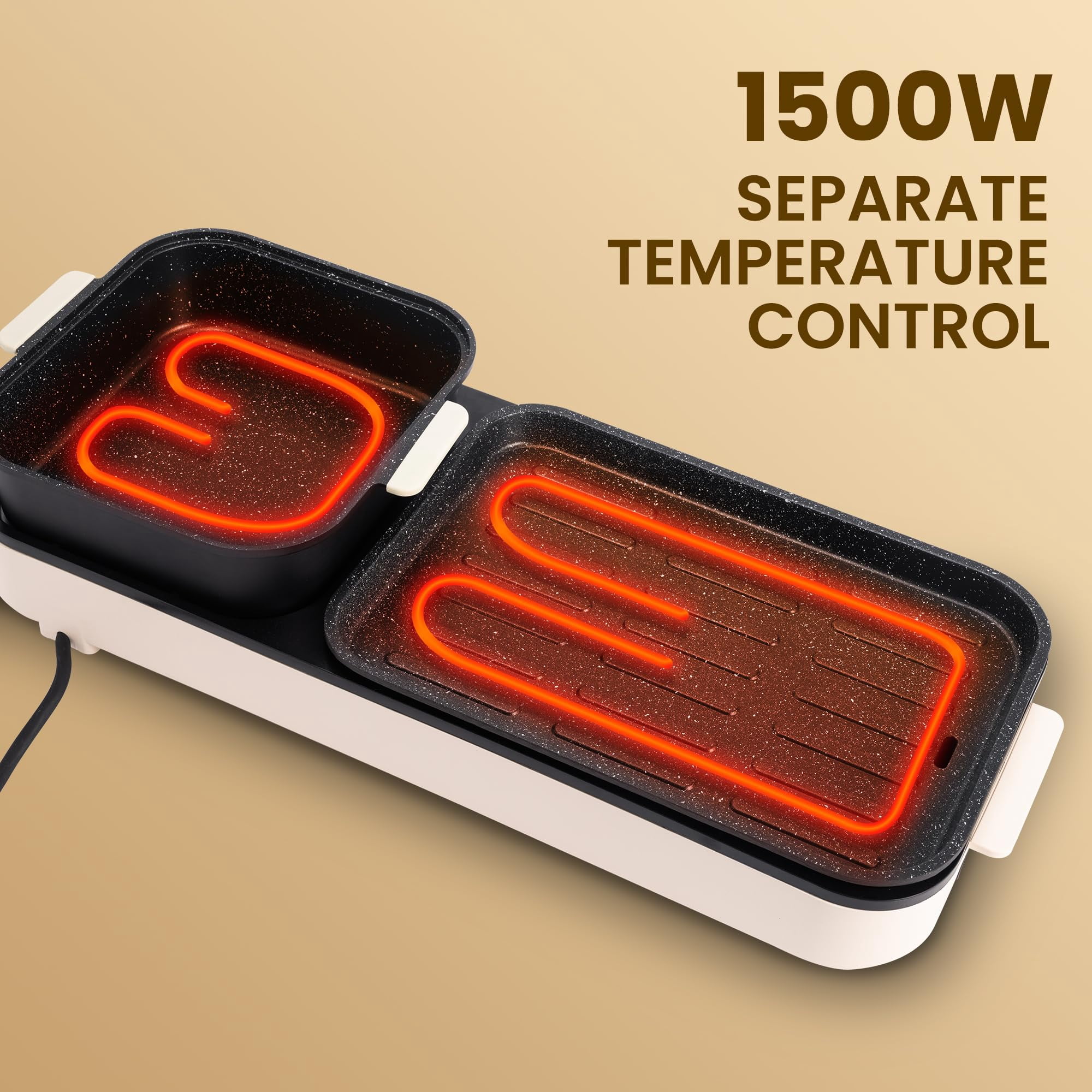 SUSTEAS 2-in-1 Electric Hot Pot with Grill: 1500W Non-Stick Removable Plate, Temperature Control for Indoor Grill for Korean BBQ, Beige - Image 6