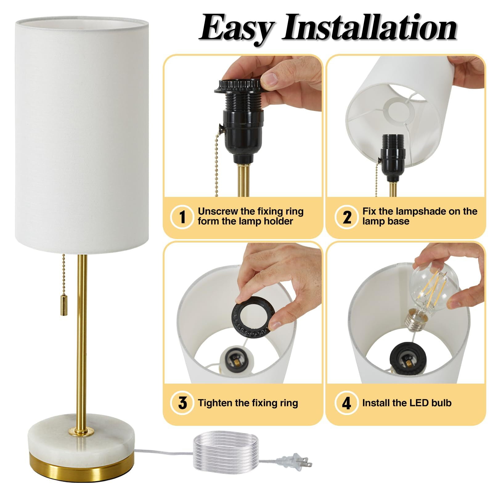 NATYSWAN Minimalist Table Lamp Set of 2, Nightstand Lamp for Bedroom Living Room, Modern Pull Chain Bedside Lamp with Marble Base, Fabric Shade, Small Desk Lamp for Home, Office, Reading - Image 4