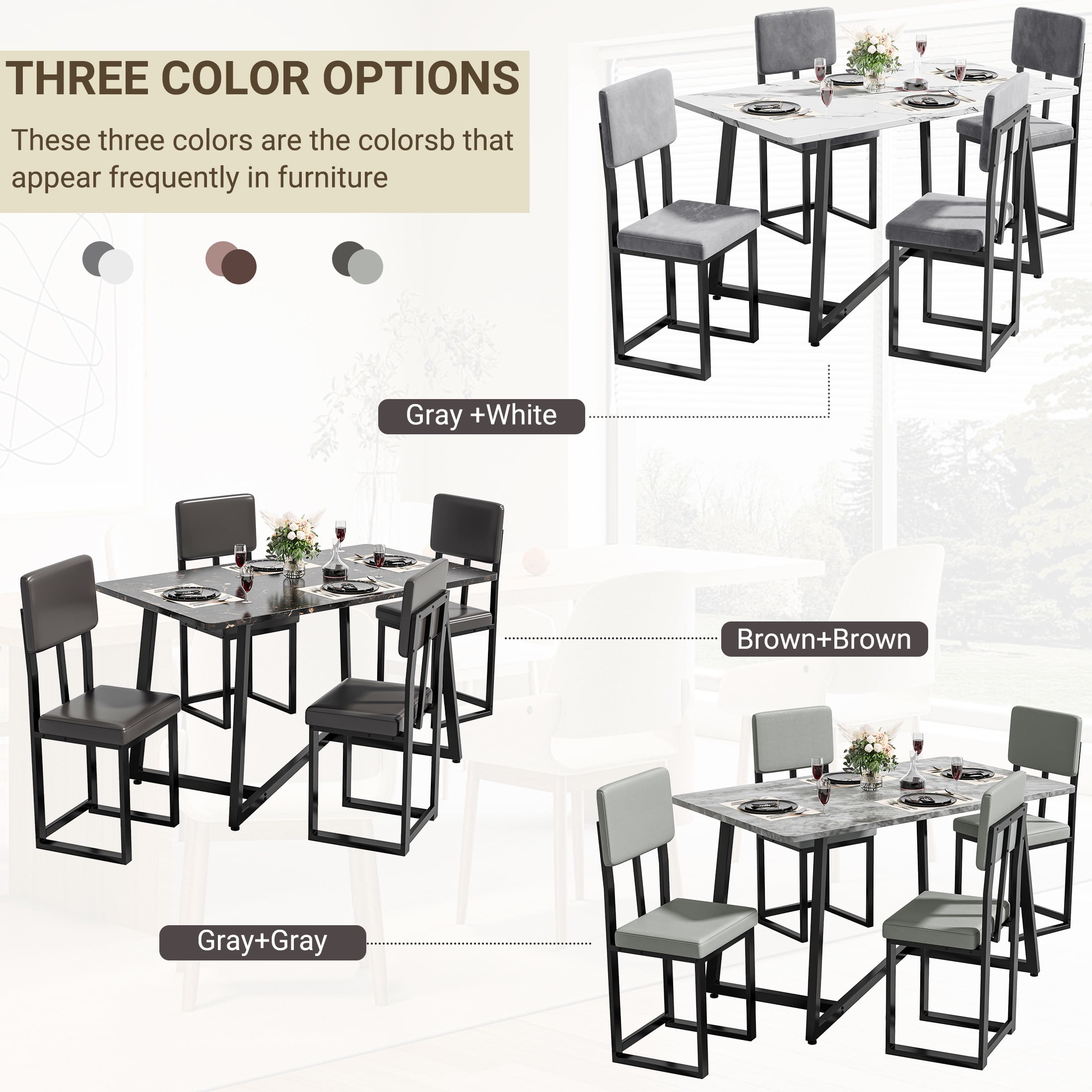 PORKISS 5 Piece Dining Table and Chair Set, Kitchen Dining Room Table Set with Faux Marble Table PU Leather Chairs, Rectangle Dining Table Set for 4, Dinette Set for Small Space, Gray + Black - Image 2