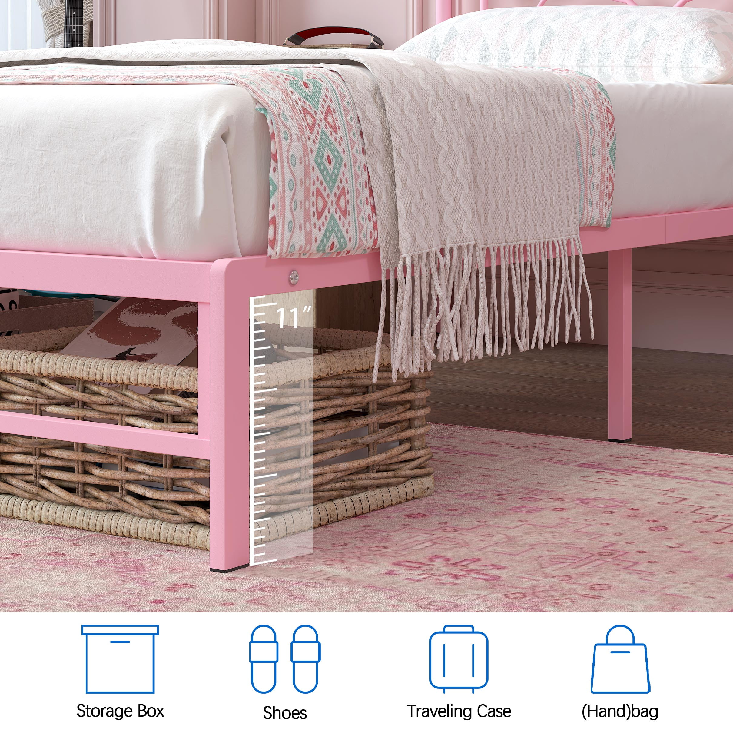 Yoneston Twin Metal Platform Bed Frame with Victorian Style Flower Heart Headboard, Heavy Duty Steel Slat Mattress Foundation for Kids Boys Girls, Pink - Image 11