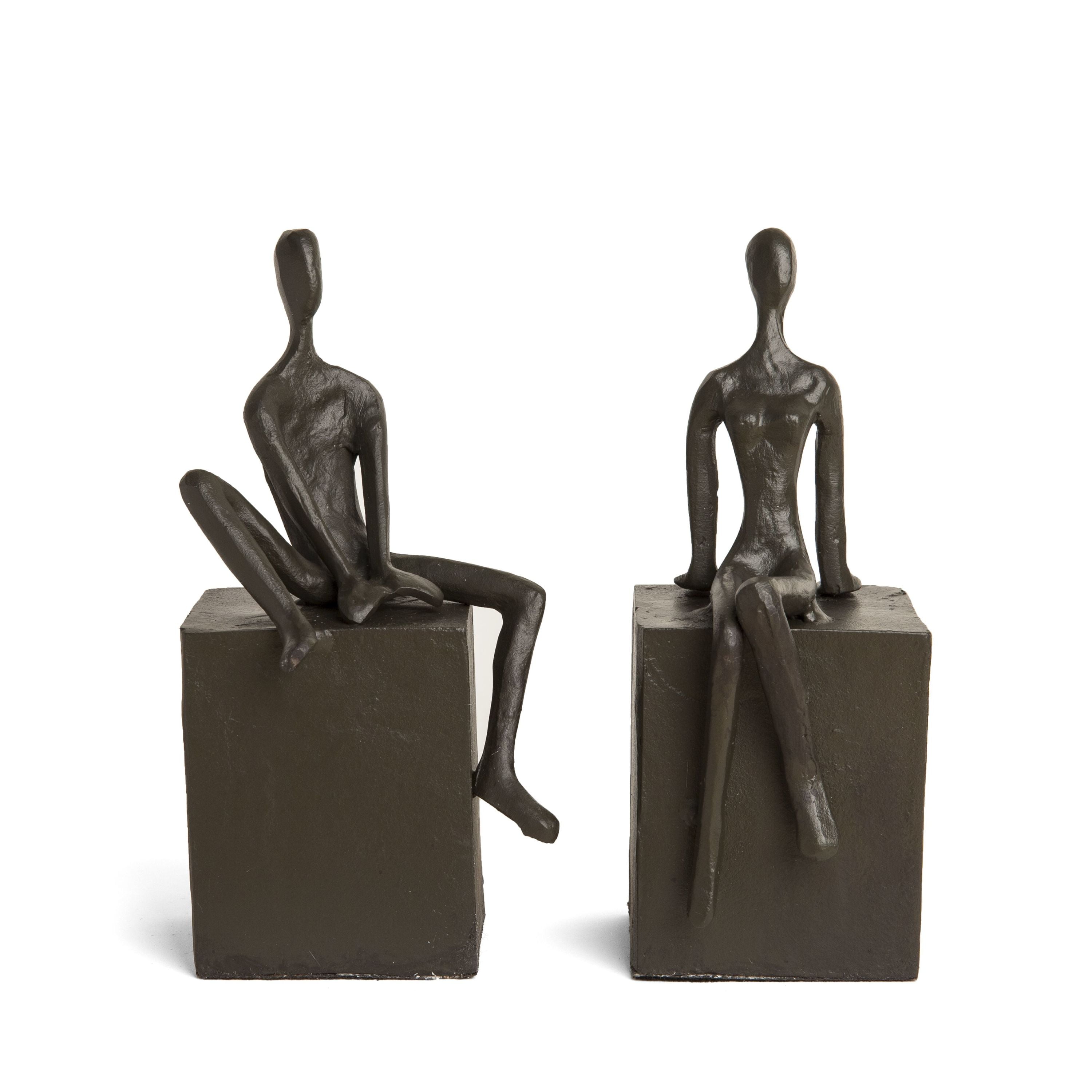 Danya B. ZI8051 Home and Office Shelf Decor - Metal Bookend Set - Man and Woman Sitting on a Block - Image 2