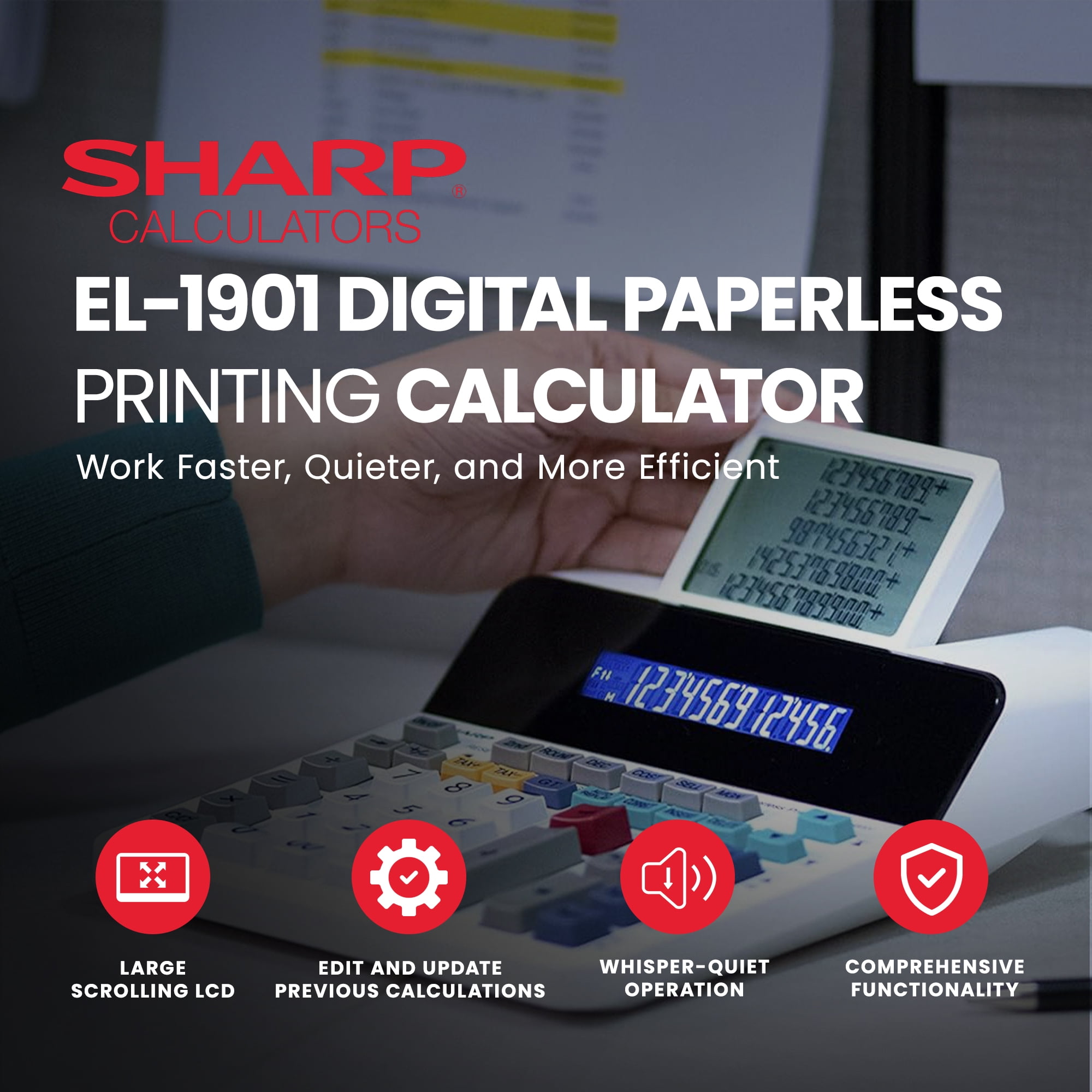 Sharp Calculators, SHREL1901, EL-1901 12-Digit Paperless Printing Calculator, 1 Each, White - Image 5