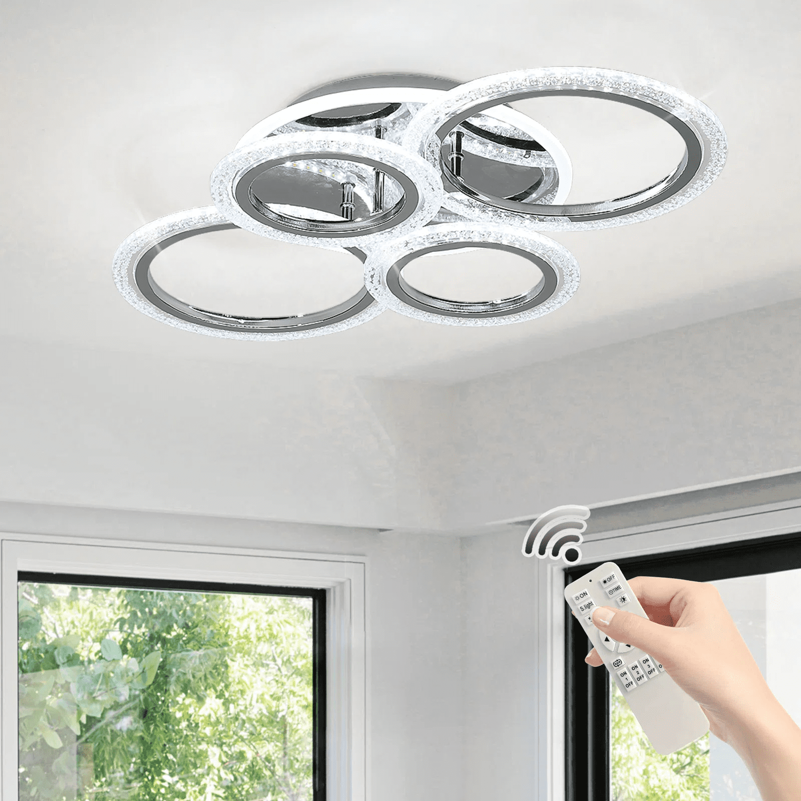 Garwarm Modern Ceiling Light 58W Dimmable Flush Mount LED Ceiling Lamp 4 Rings Acrylic Ceiling Chandelier for Living Room Dining Room Bedroom,Chrome - Image 4