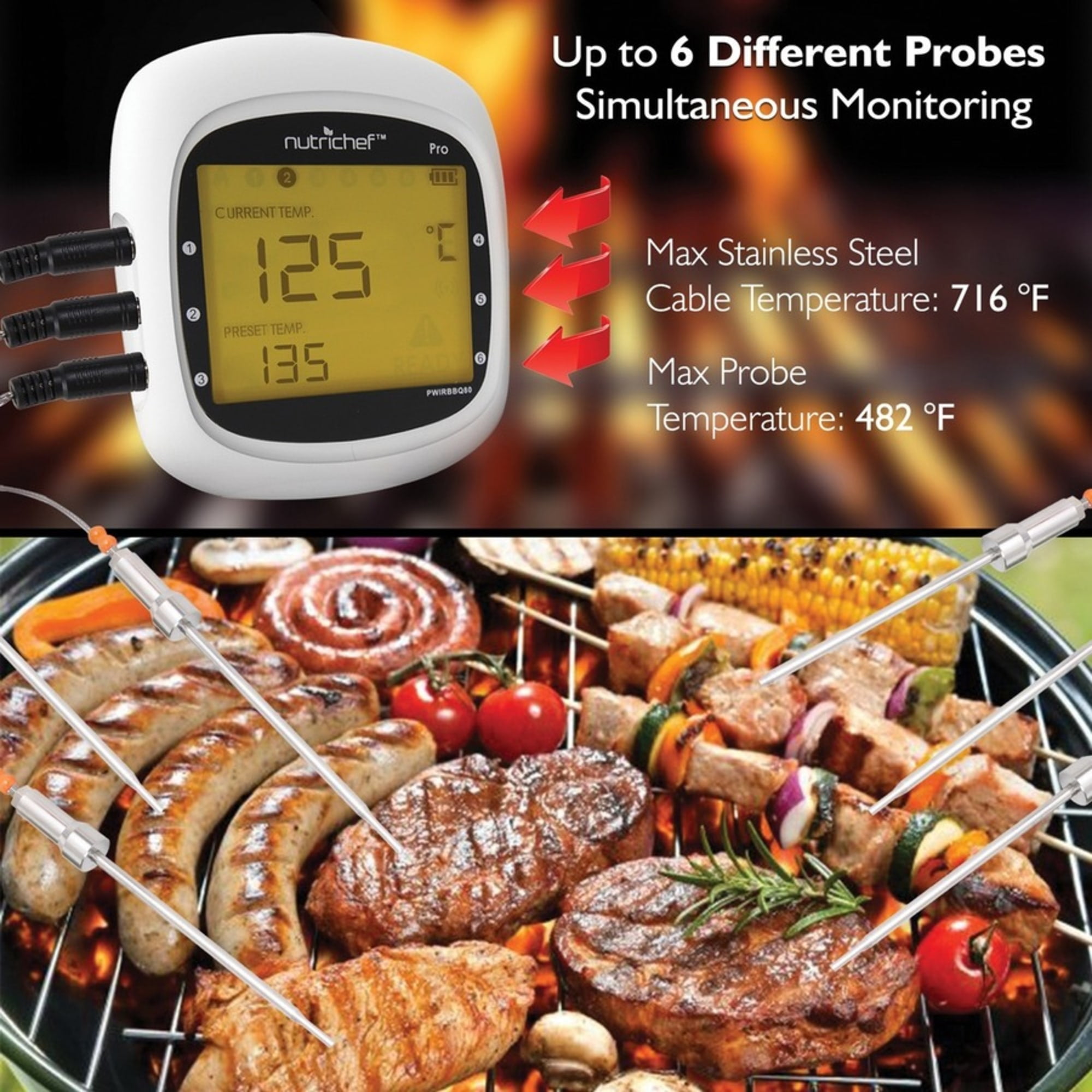 NutriChef Smart Bluetooth BBQ Grill Thermometer PWIRBBQ80 - Indicator Light, Wireless, Digital Display, Backlight, Temperature History, Alarm, Hassle-free - For Barbecue - White, Black - Image 3