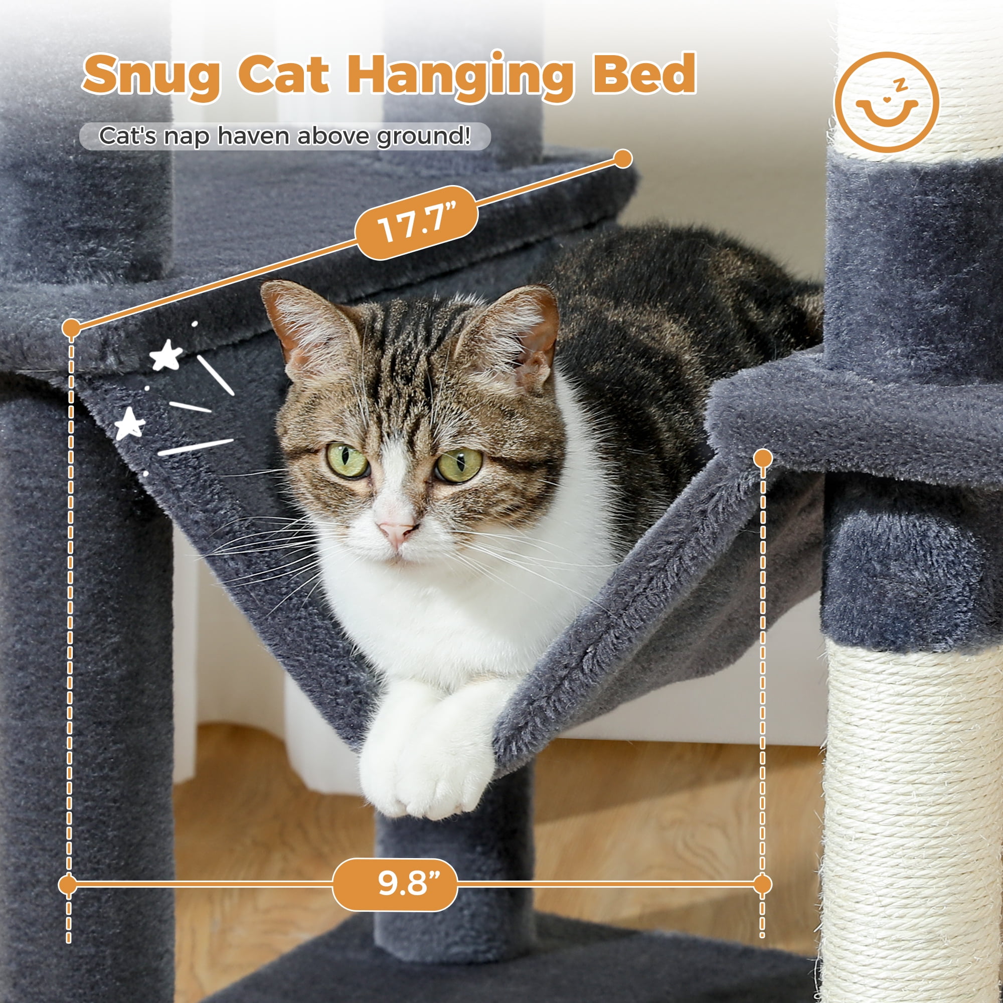 PAWZ Road 64" Cat Tree 5-Tier Sisal Scratching Post Tower Hammock Perch for Indoor Cats, Dark Gray - Image 2