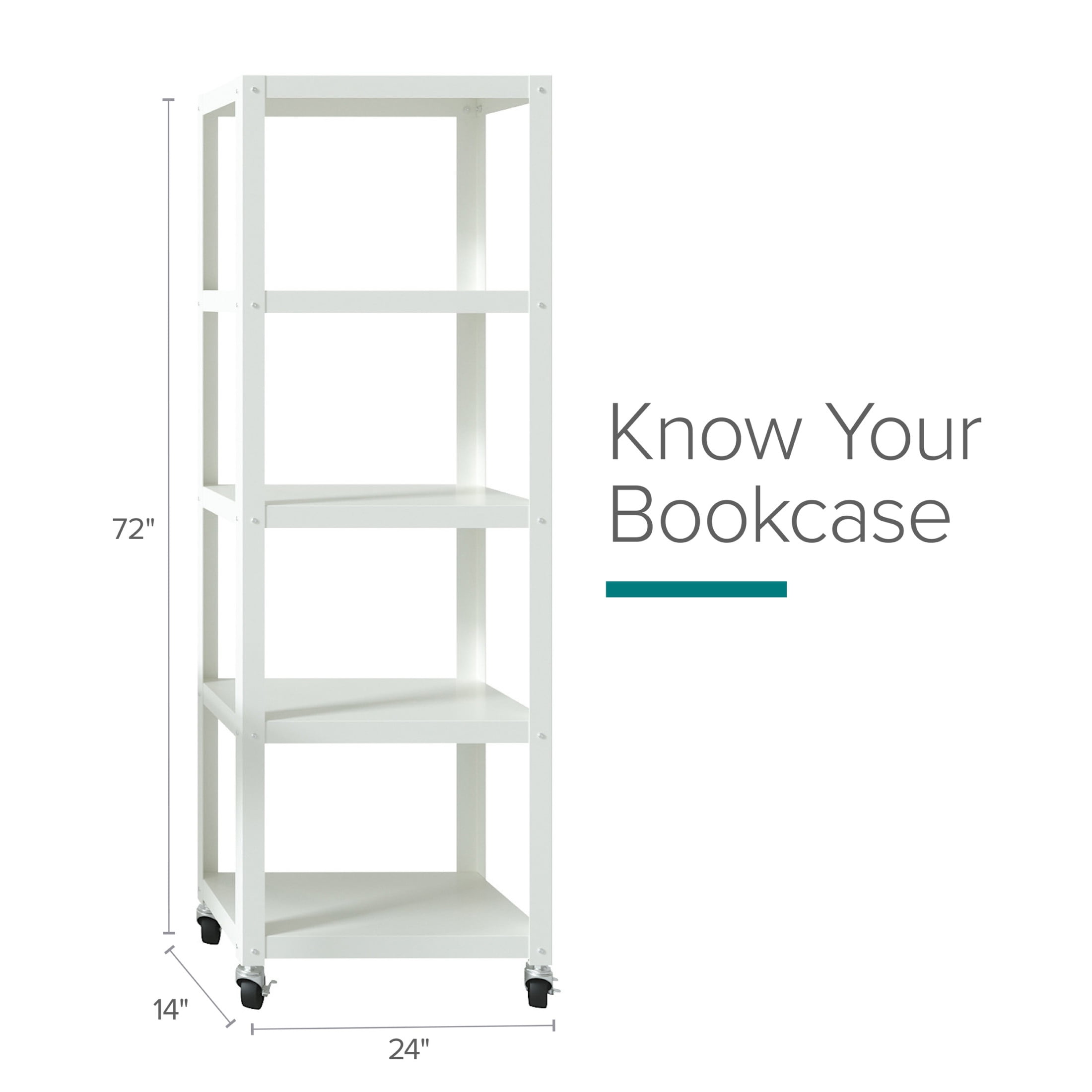 Office Dimensions 72" High Rolling 5 Shelf Bookcase, Industrial Metal, White - Image 13