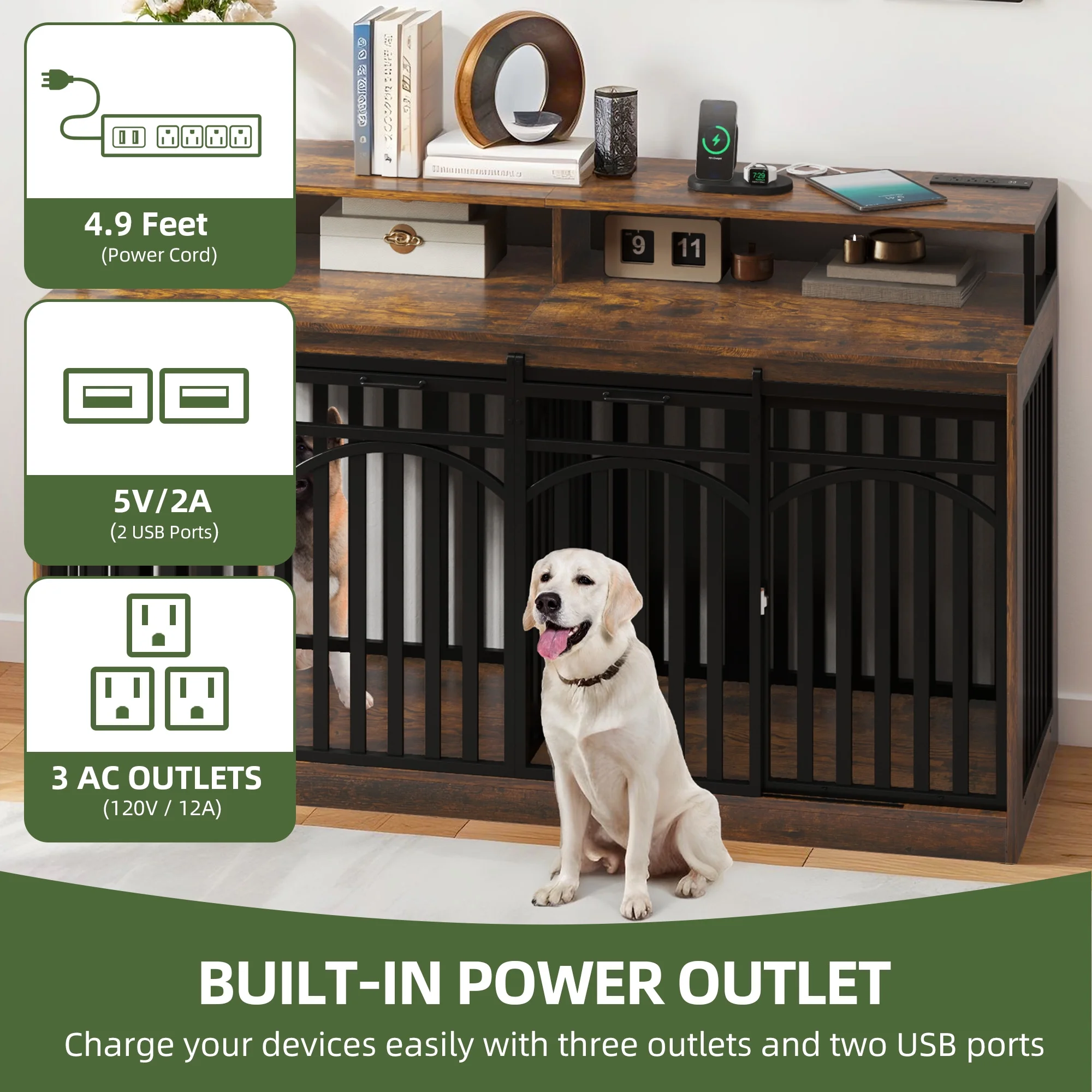 Uforic 71-Inch Heavy Duty Dog Crate TV Stand with LED Light, Power Outlets, and Storage Shelves for Medium to Large Dogs - Image 7