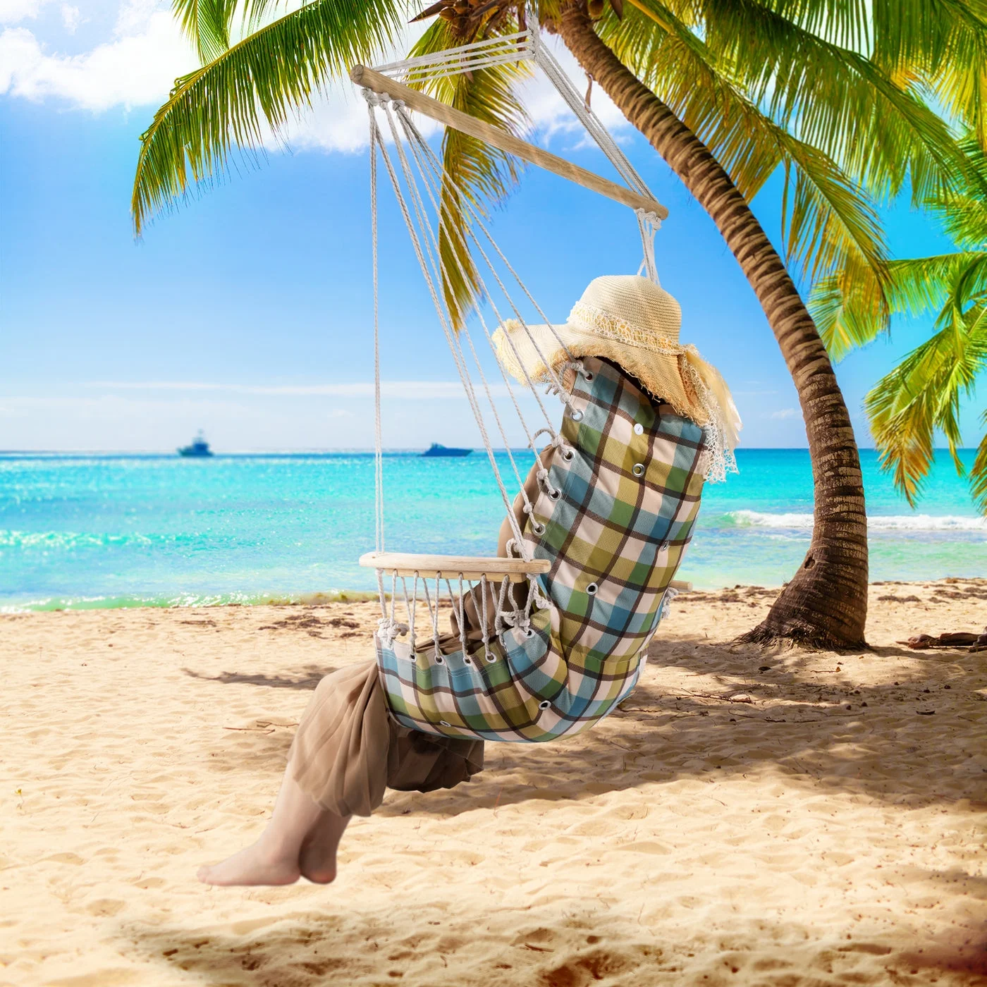 Hanging chair with Pillow & Arms- Extra Padded - Reversible Green Plaid - Image 7