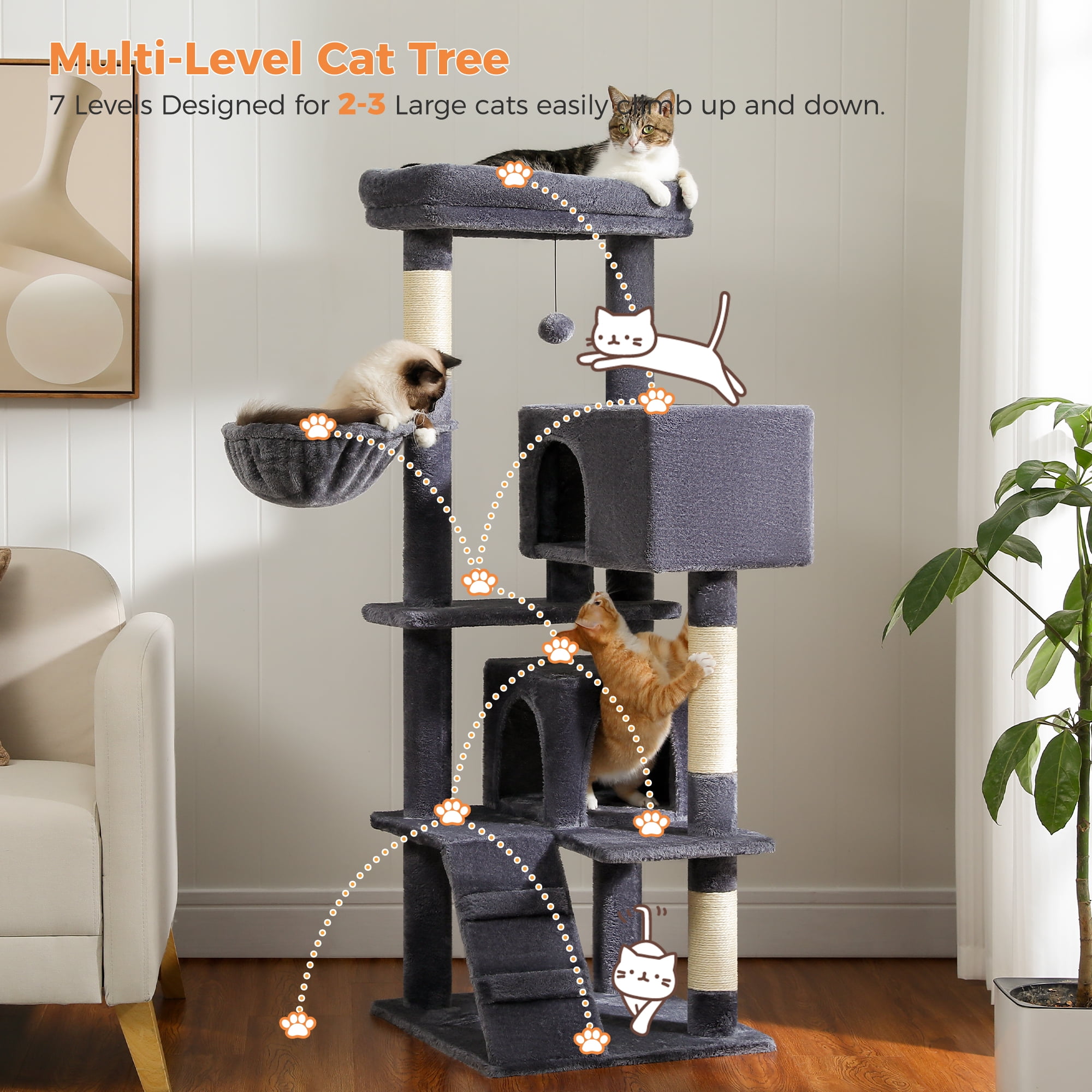 PEQULTI 56" Multi-Level Cat Tree with Double Condos and Sisal Post Large Cat Tower Indoor Dark Gary - Image 7