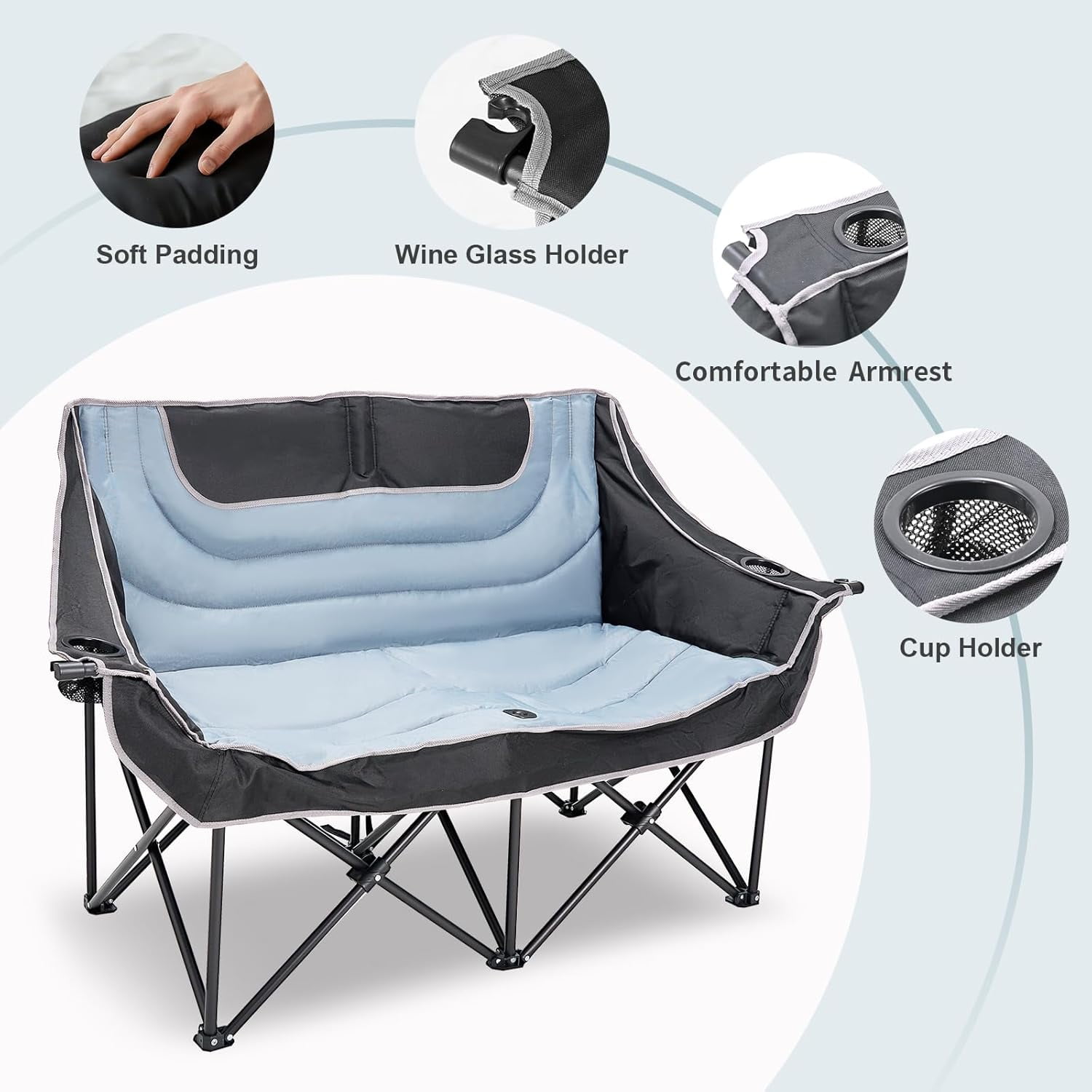 ABORON Double Camping Chair with Canopy for 2 Adults, Oversized Loveseat Chair with Cup Holder, Heavy Duty 600D Oxford Portable Folding Chair for Outdoor, Camping, Beach, Picnic - Image 7