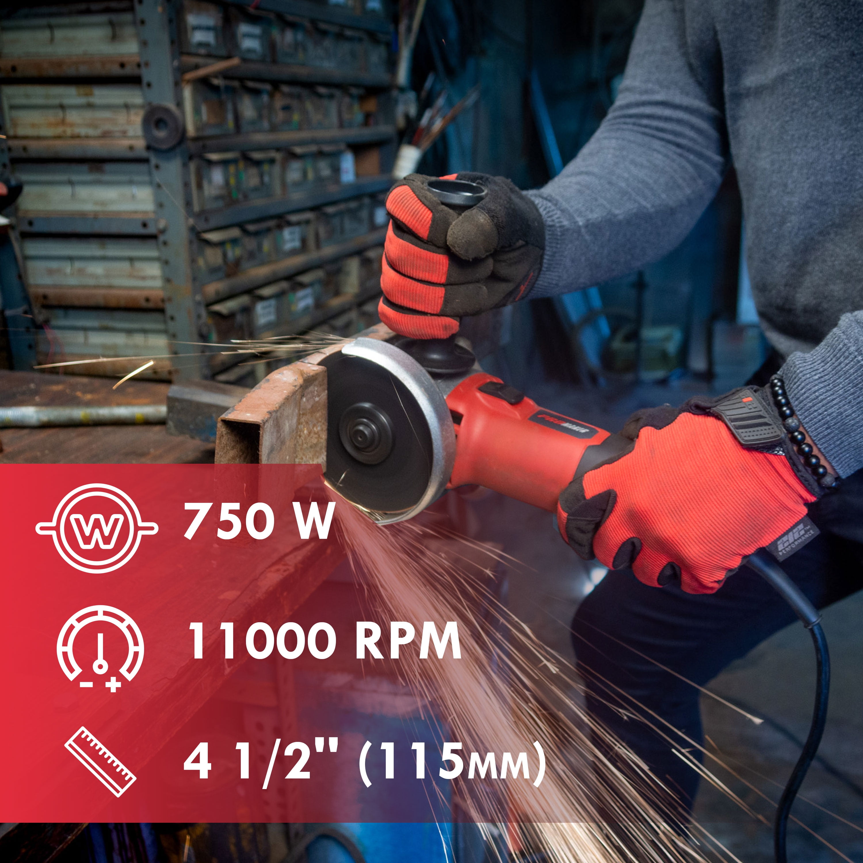 Promaker 6.5-Amp Power Angle Grinder 4-1/2 inch with Protection Googles, Pair of gloves, Two grinding Wheels, Box, and two (2) extra Carbon brushes (115mm) 750W. PRO-ES750KIT. - Image 7