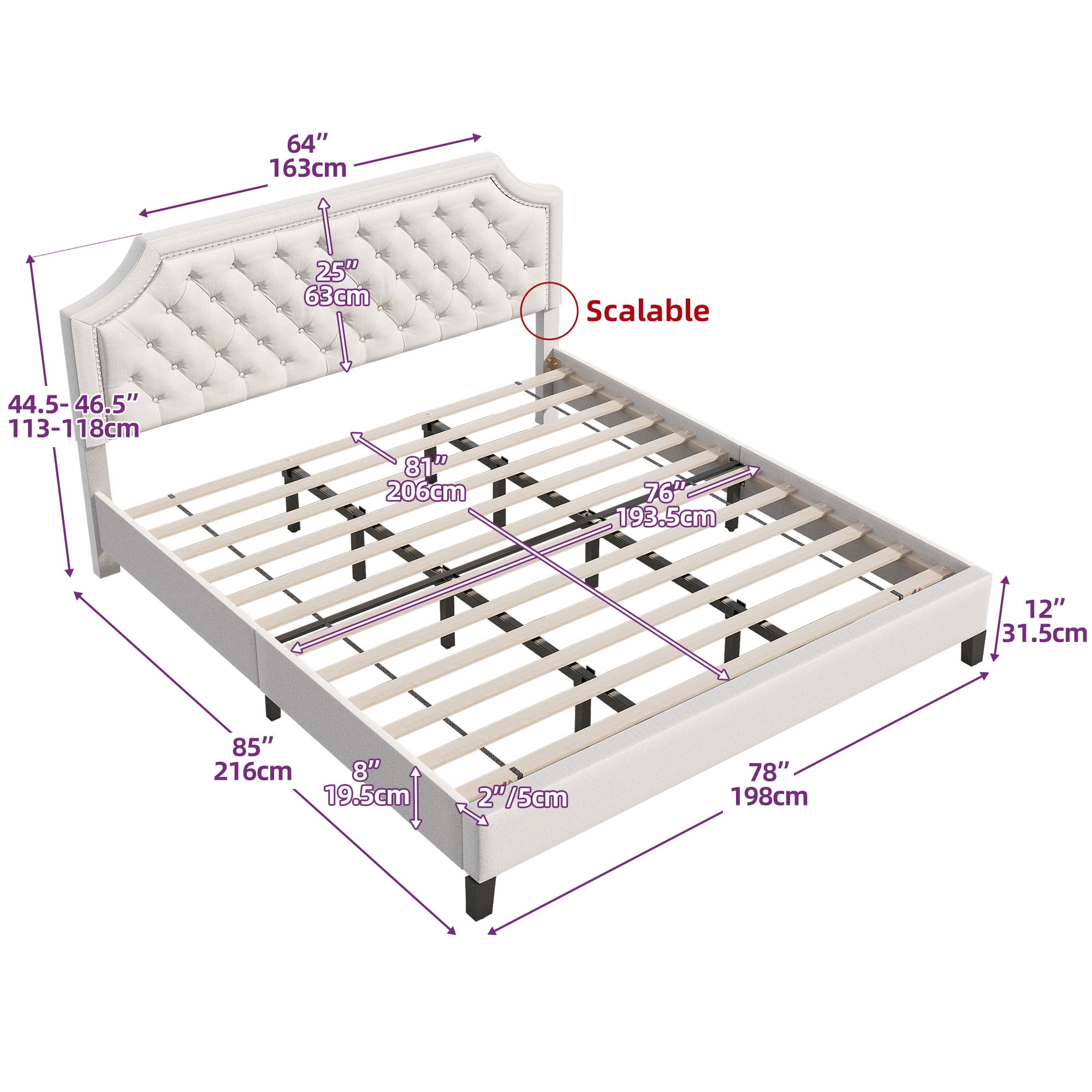 Dextrus King Size Platform Bed Frame with Tufted Upholstered Headboard, Beige - Image 7
