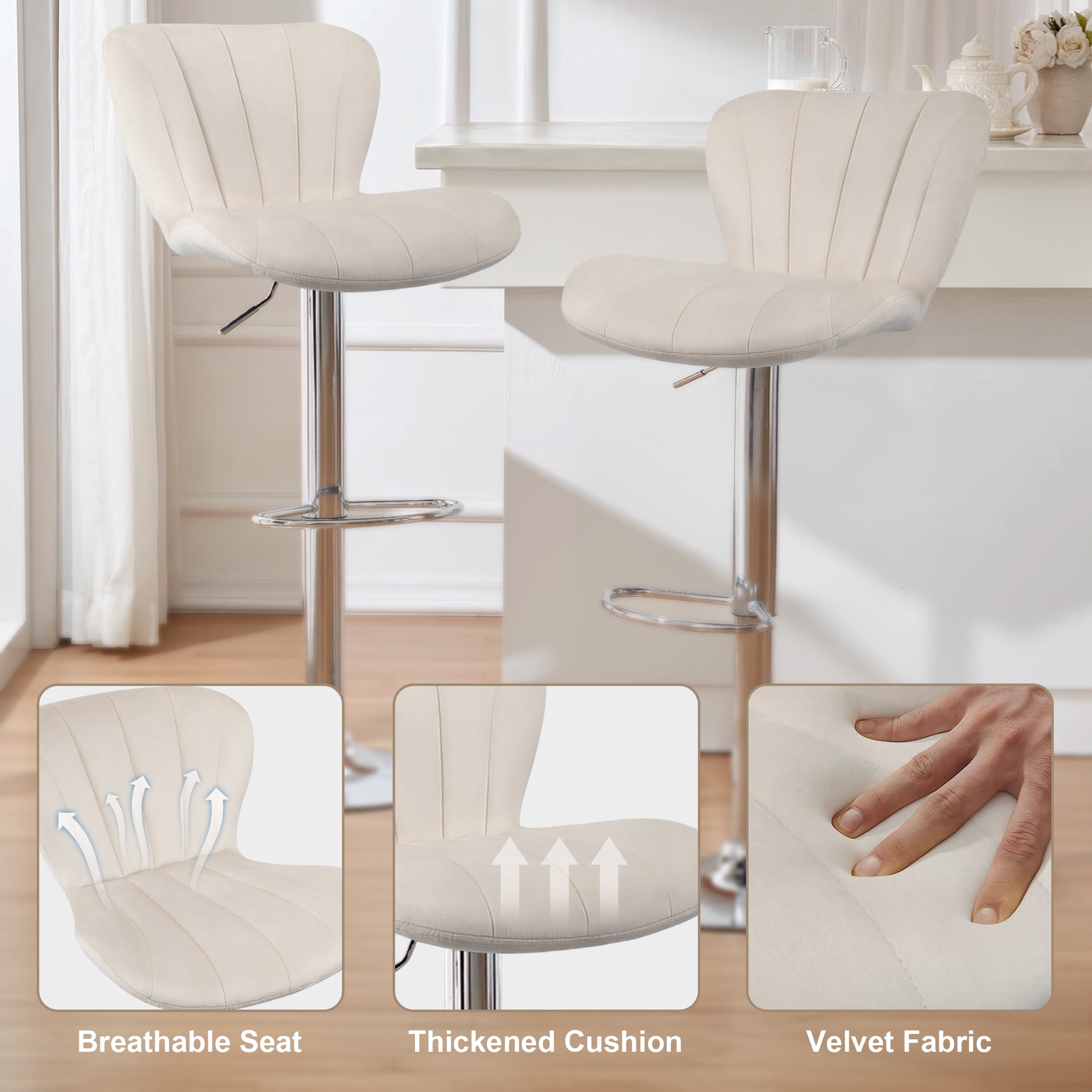 Nefoso Bar Stools Set of 2,Adjustable Bentwood Barstools,Velvet Leather Upholstered Bar Chair with Back and Footrest, for Bar, Kitchen, Dining Room,Beige - Image 3