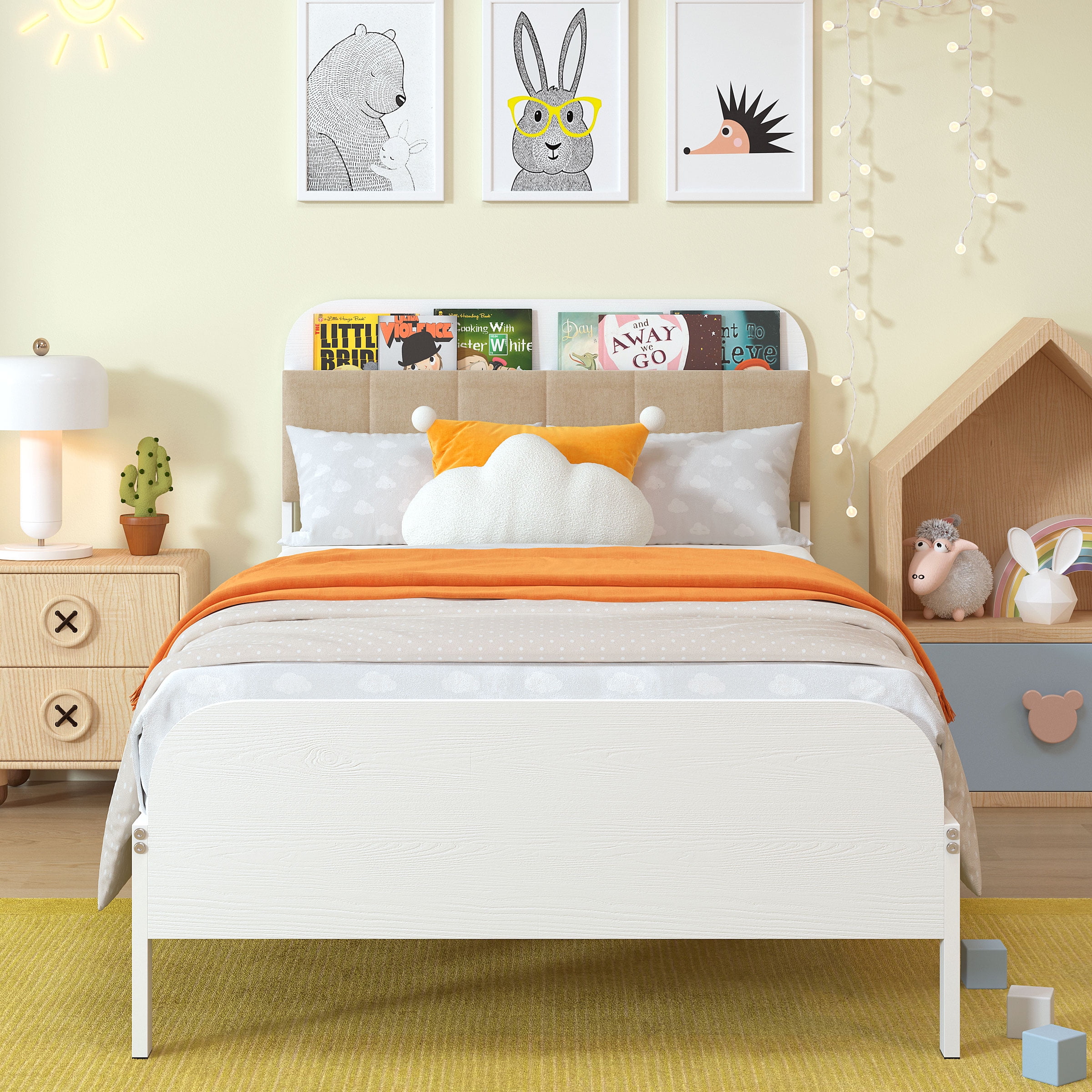 Yoneston Kids Twin Platform Bed with Upholstered Bookcase Headboard Storage Shelves, Metal Bed Frame Easy Assembly for Boys Girls Teens, White - Image 9